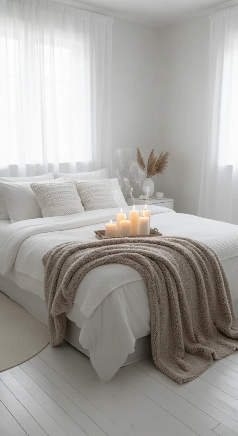 Camera da letto total white con strati di tessuti diversi e un vassoio con candele accese sul letto.