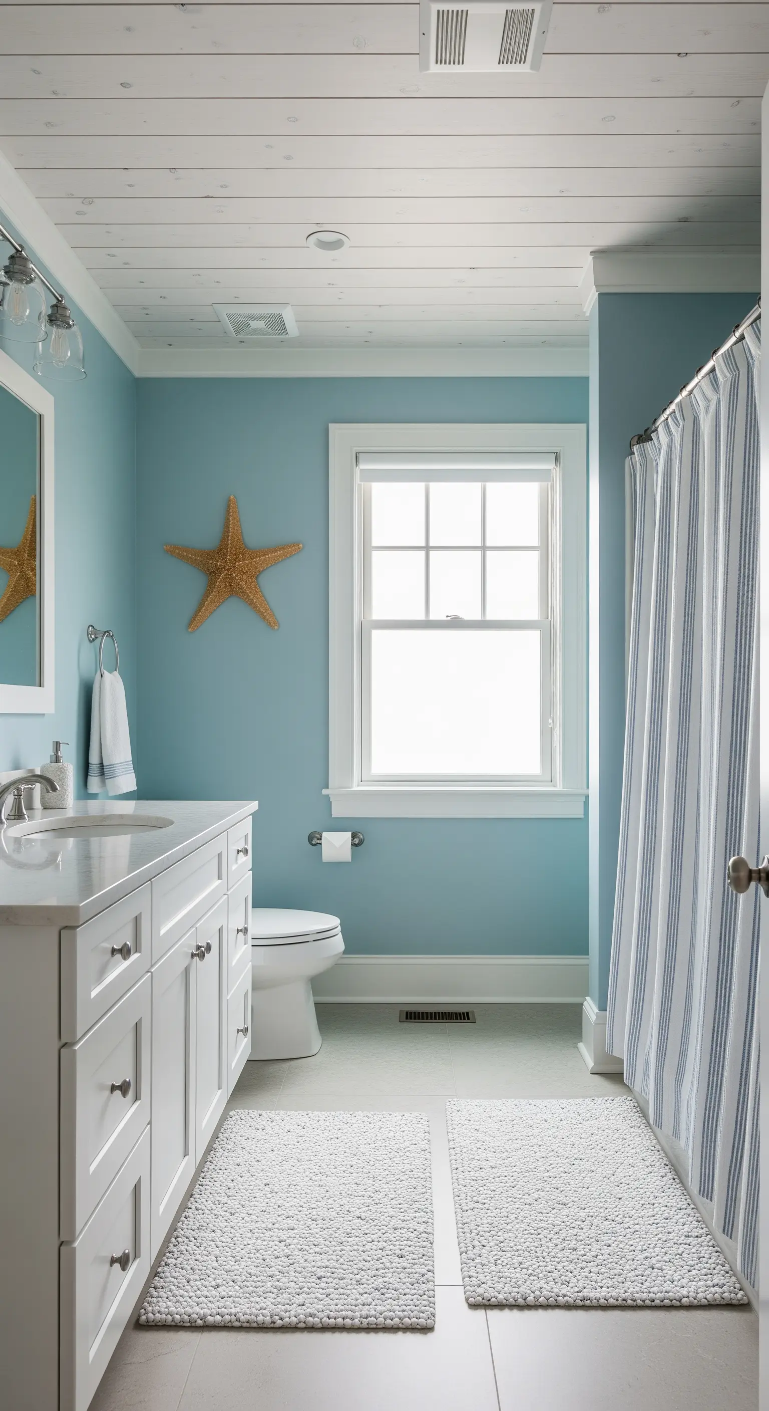 Bagno con pareti azzurre, mobile bianco e soffitto con perline in legno.