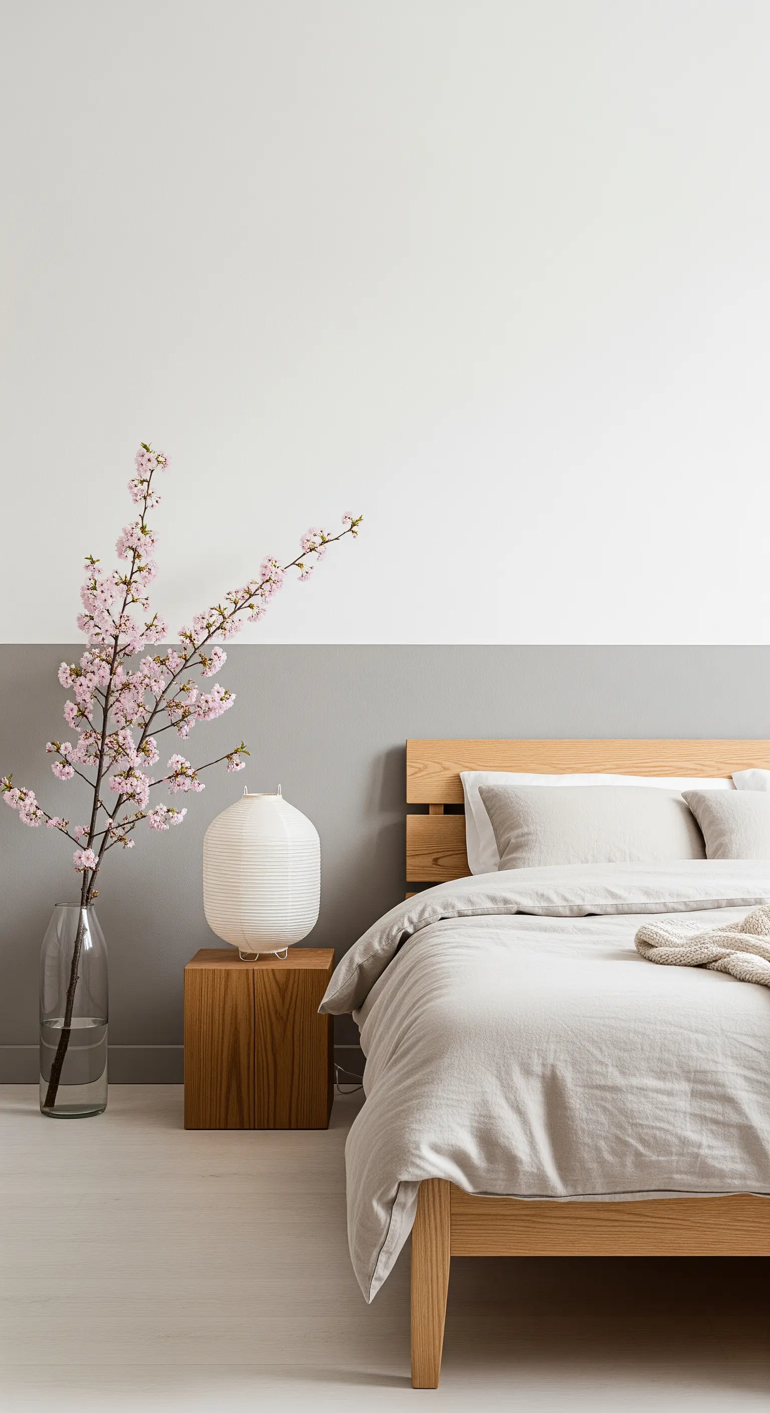 Camera da letto in stile Japandi con parete grigio chiaro e bianca, e letto in legno naturale.