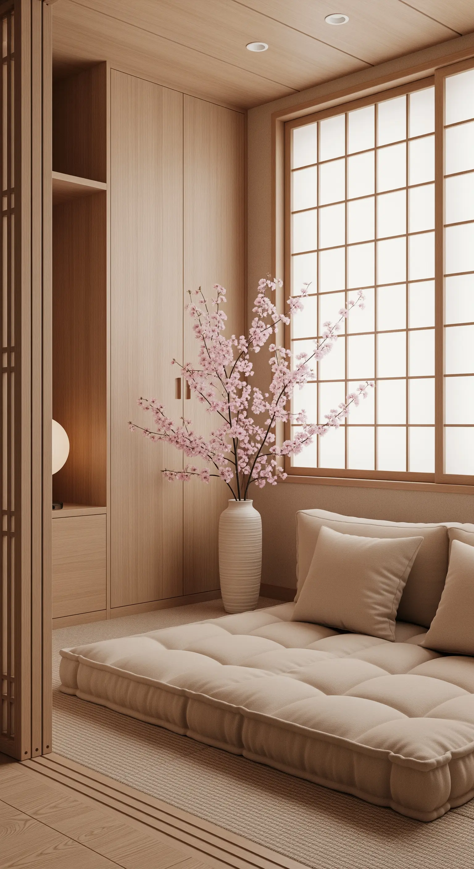 Angolo relax in stile giapponese con seduta bassa, pannelli in legno e un vaso con fiori di ciliegio.