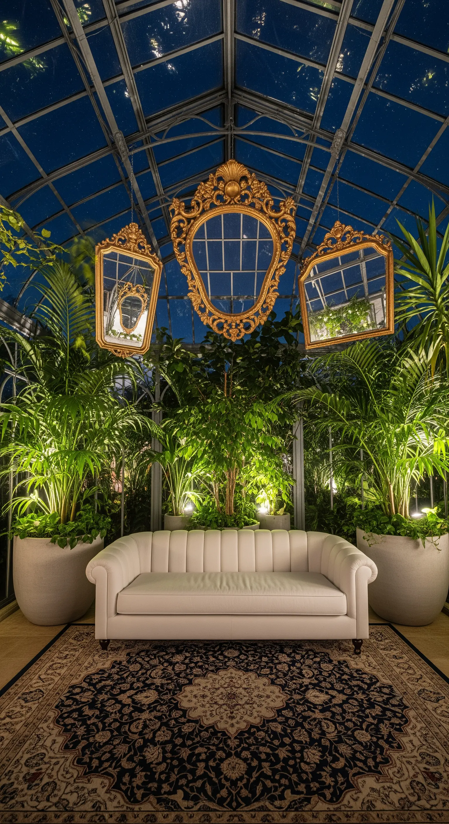 Serra con piante lussureggianti, divano Chesterfield e tre specchi barocchi dorati appesi al soffitto.