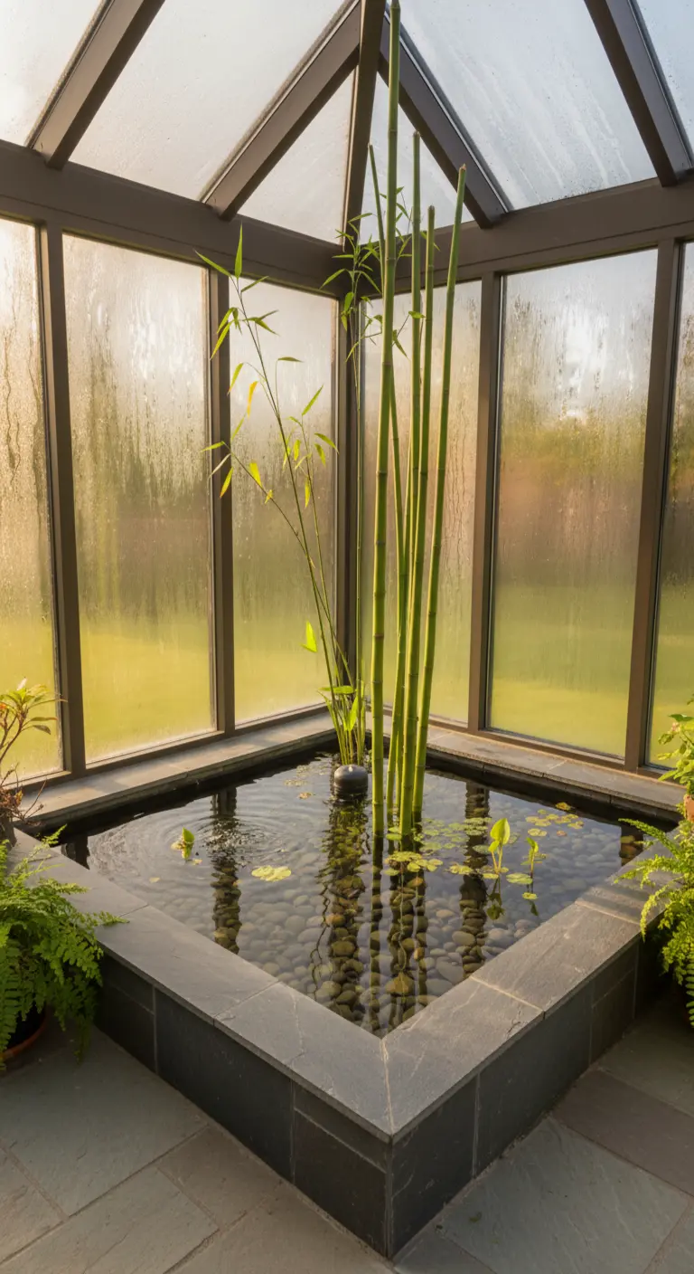 Serra vetrata con una vasca d'acqua quadrata al centro contenente piante di bambù.