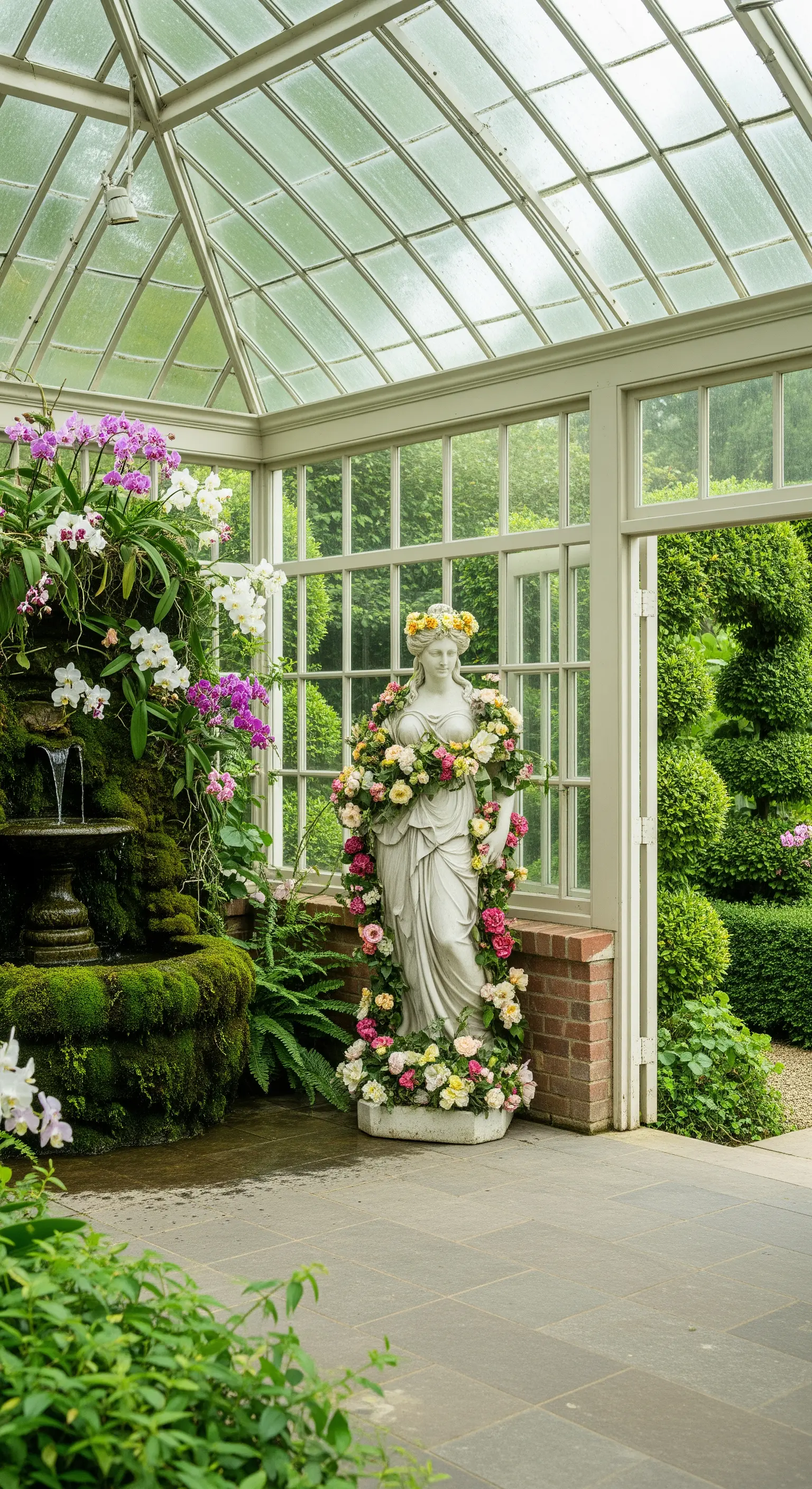 Statua decorata con fiori freschi all'interno di una serra con orchidee e una fontana.