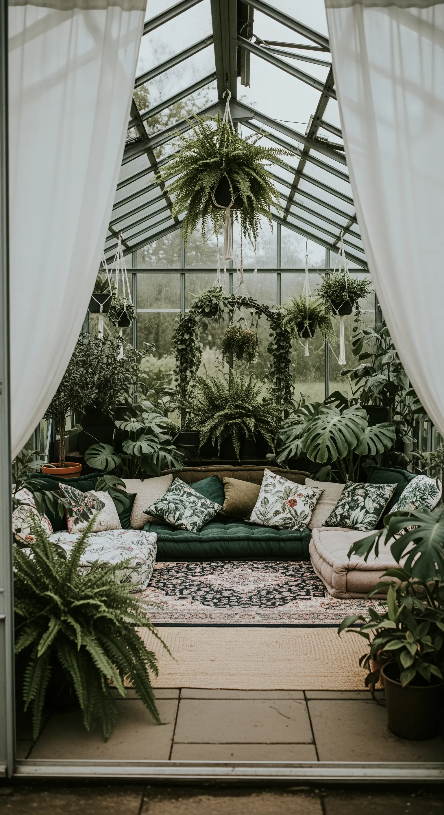 Salotto bohémien all'interno di una serra con divano verde e piante tropicali.