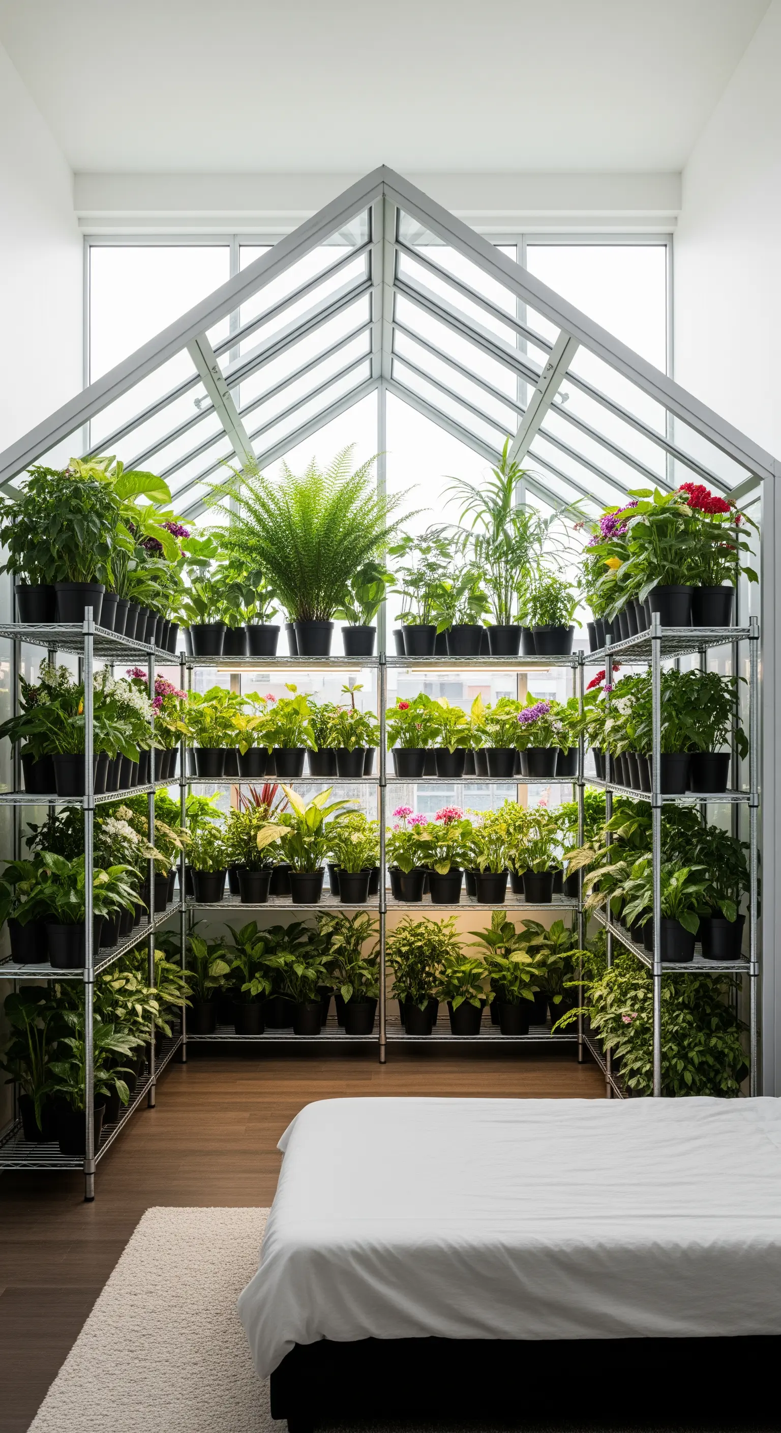 Struttura a forma di serra in una camera da letto, con scaffali metallici pieni di piante.