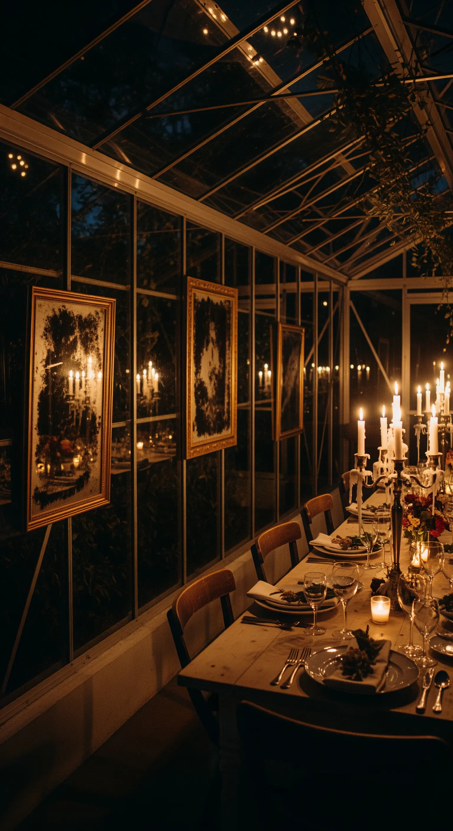 Cena elegante allestita in una serra di notte, illuminata da candelabri e specchi antichi.