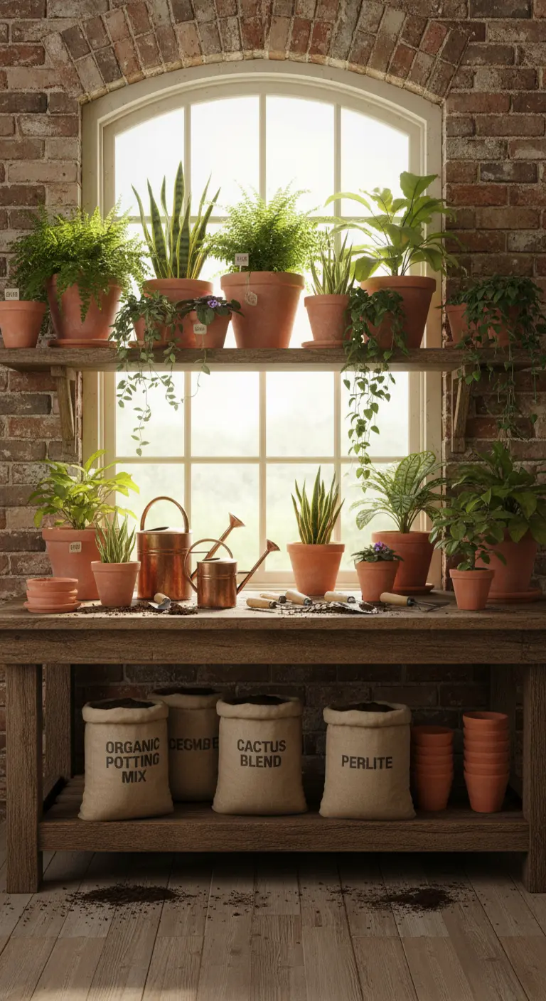 Collezione di piante in vaso di terracotta su mensole di legno davanti a una finestra ad arco.