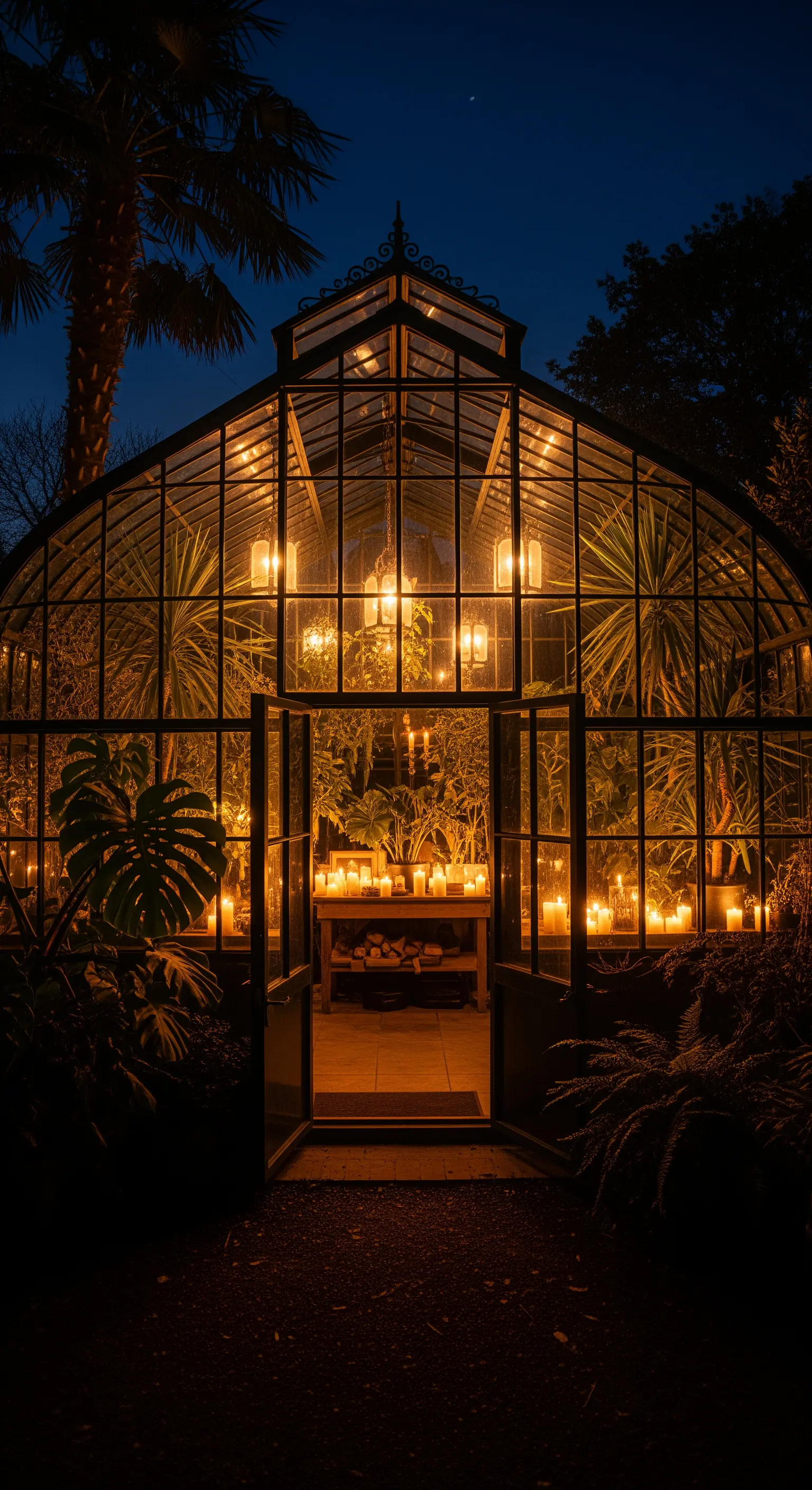 Una serra in vetro e metallo illuminata dall'interno da decine di candele accese.