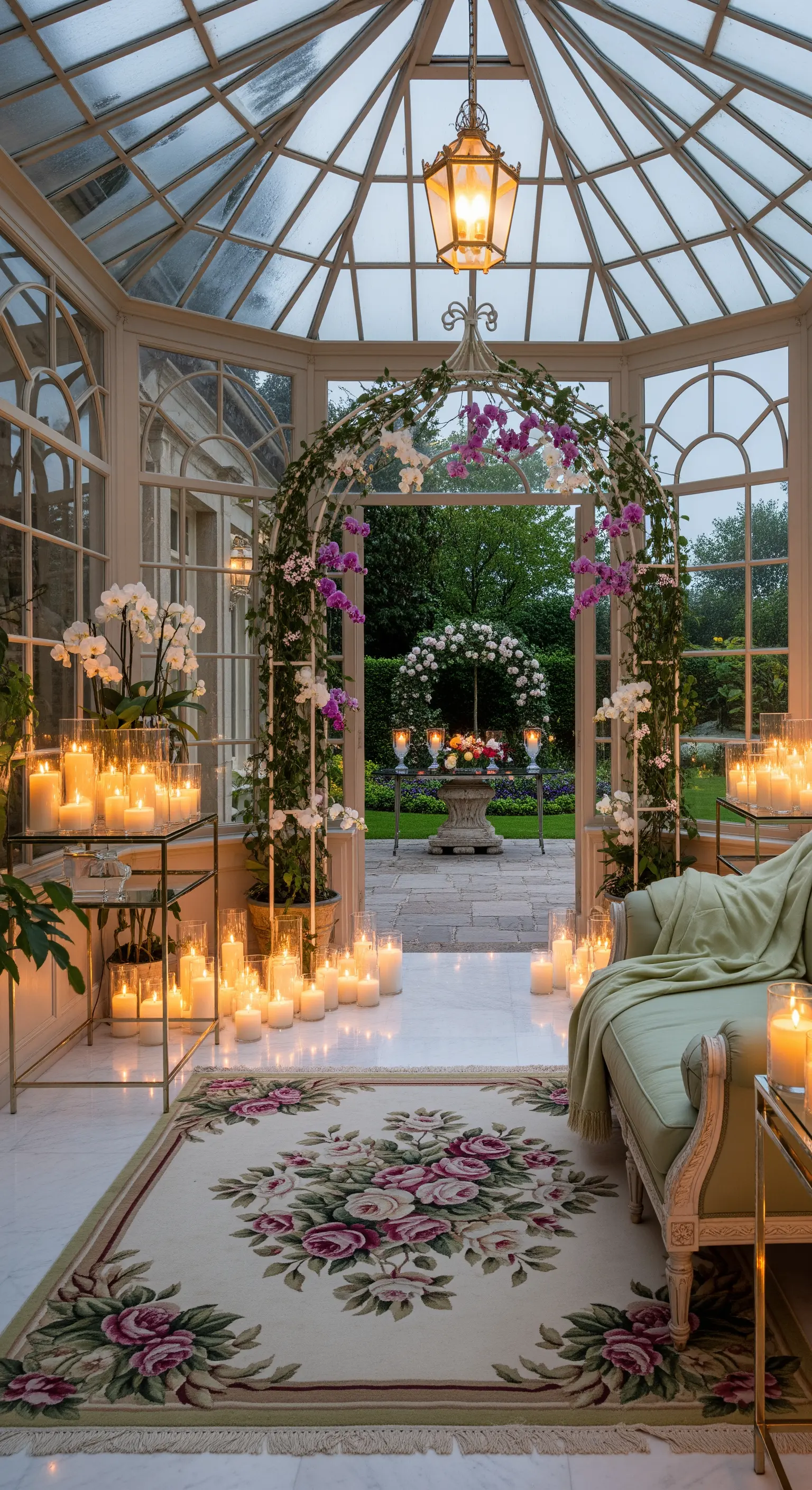 Serra vetrata con arco di orchidee, decine di candele e tappeto floreale.