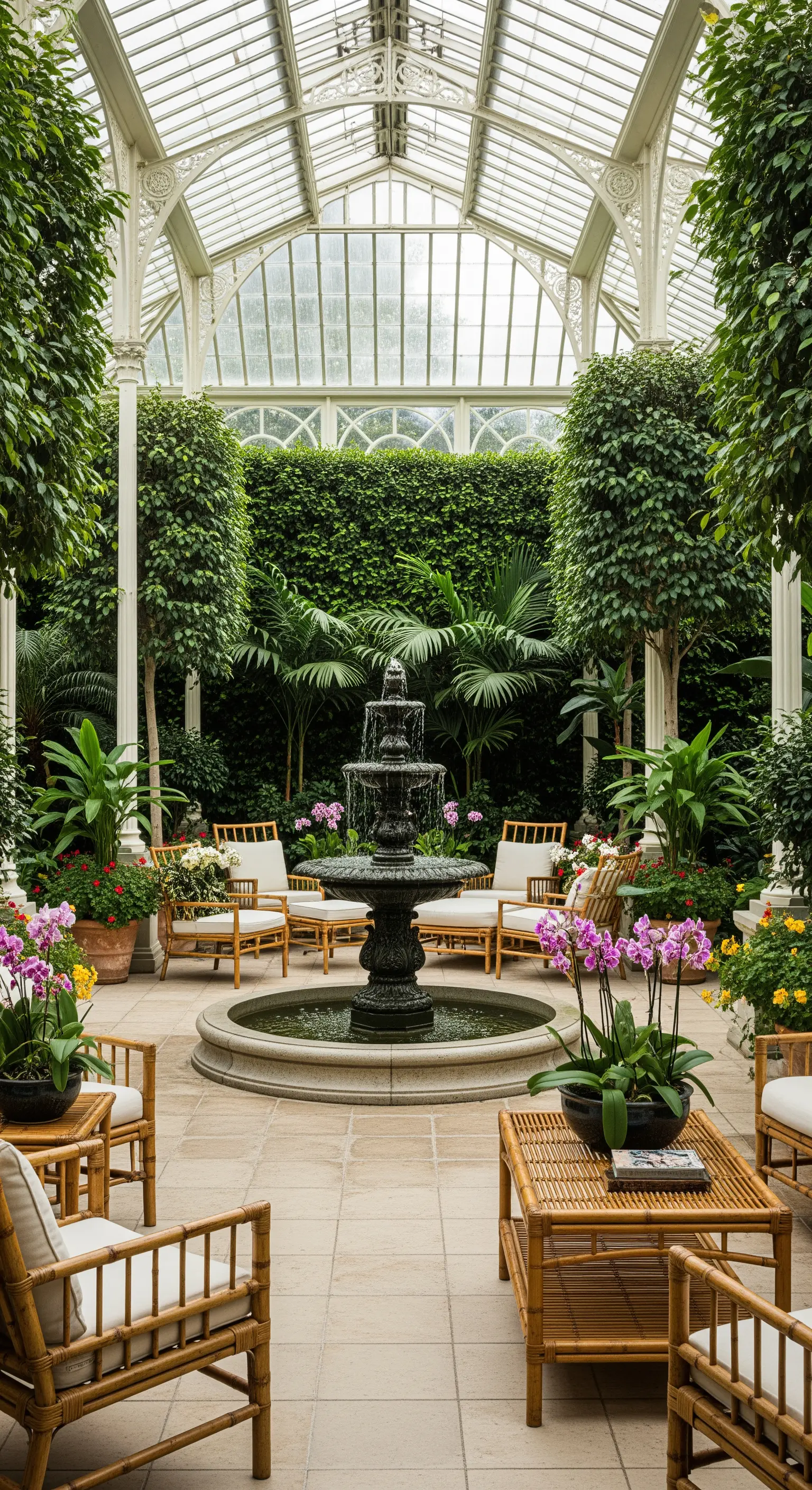 Interno di una serra vittoriana con arredi in bambù, piante tropicali e una fontana scura.