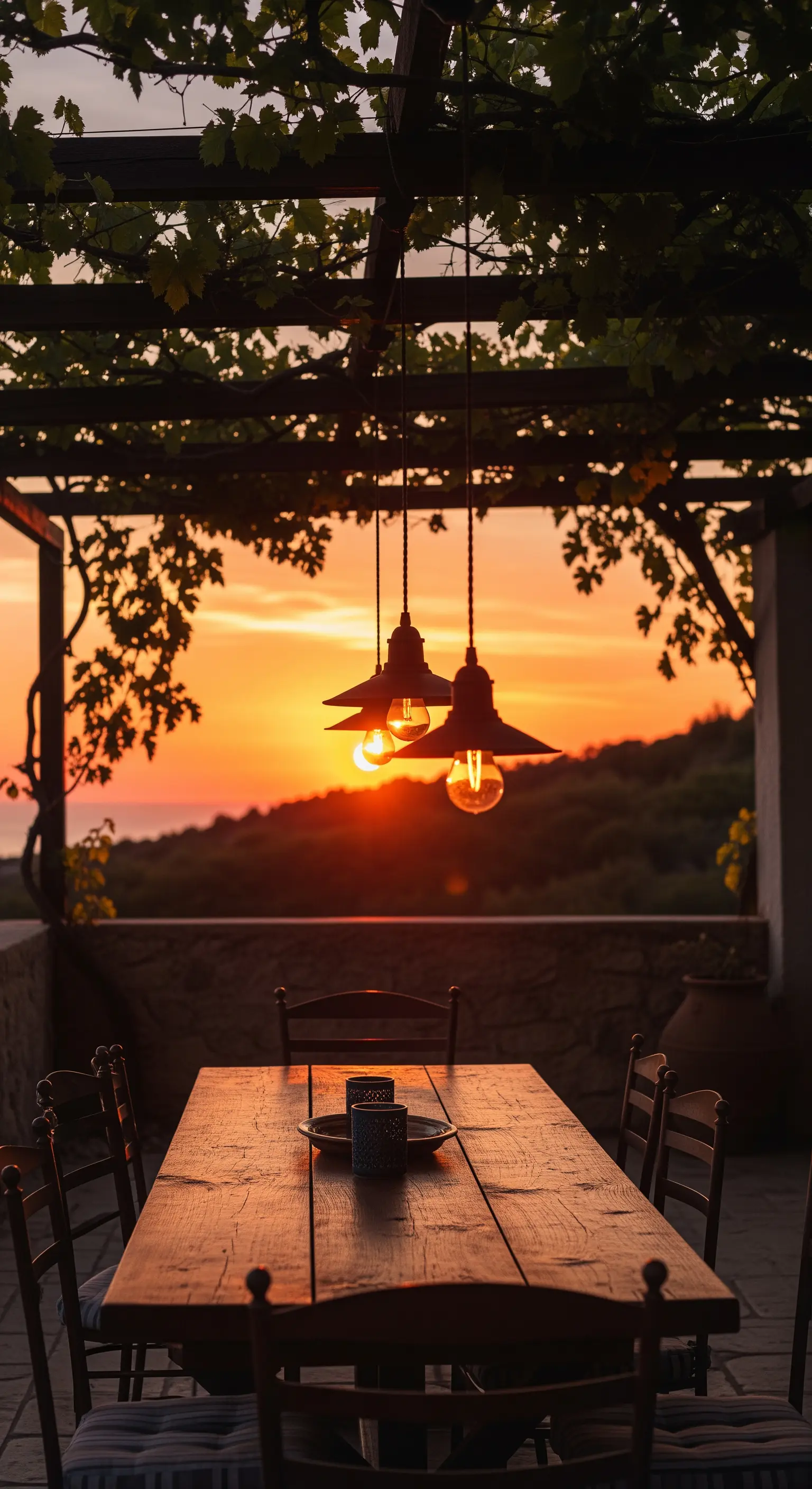 Tavolo da pranzo sotto una pergola al tramonto, con lampade a sospensione accese.