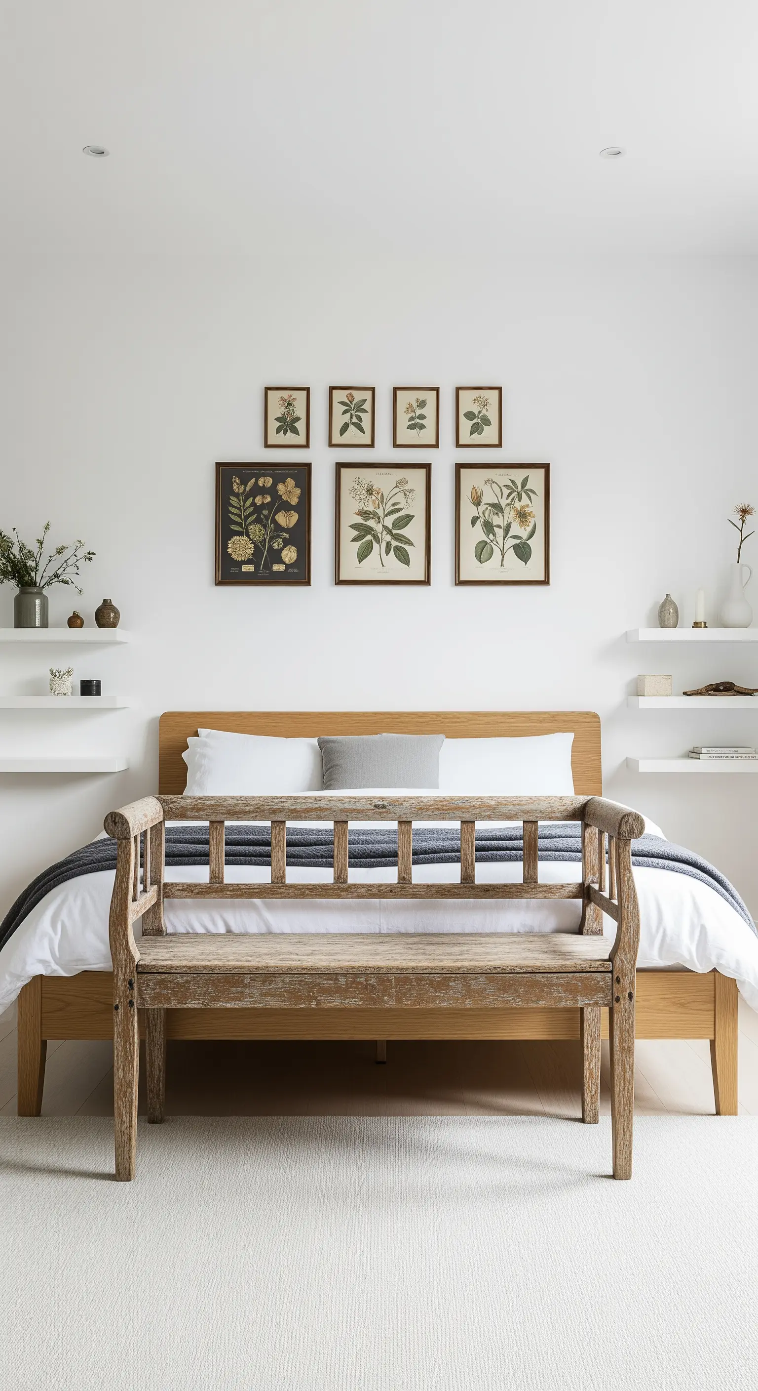 Stampe botaniche vintage appese simmetricamente sopra un letto moderno con panca in legno ai piedi.