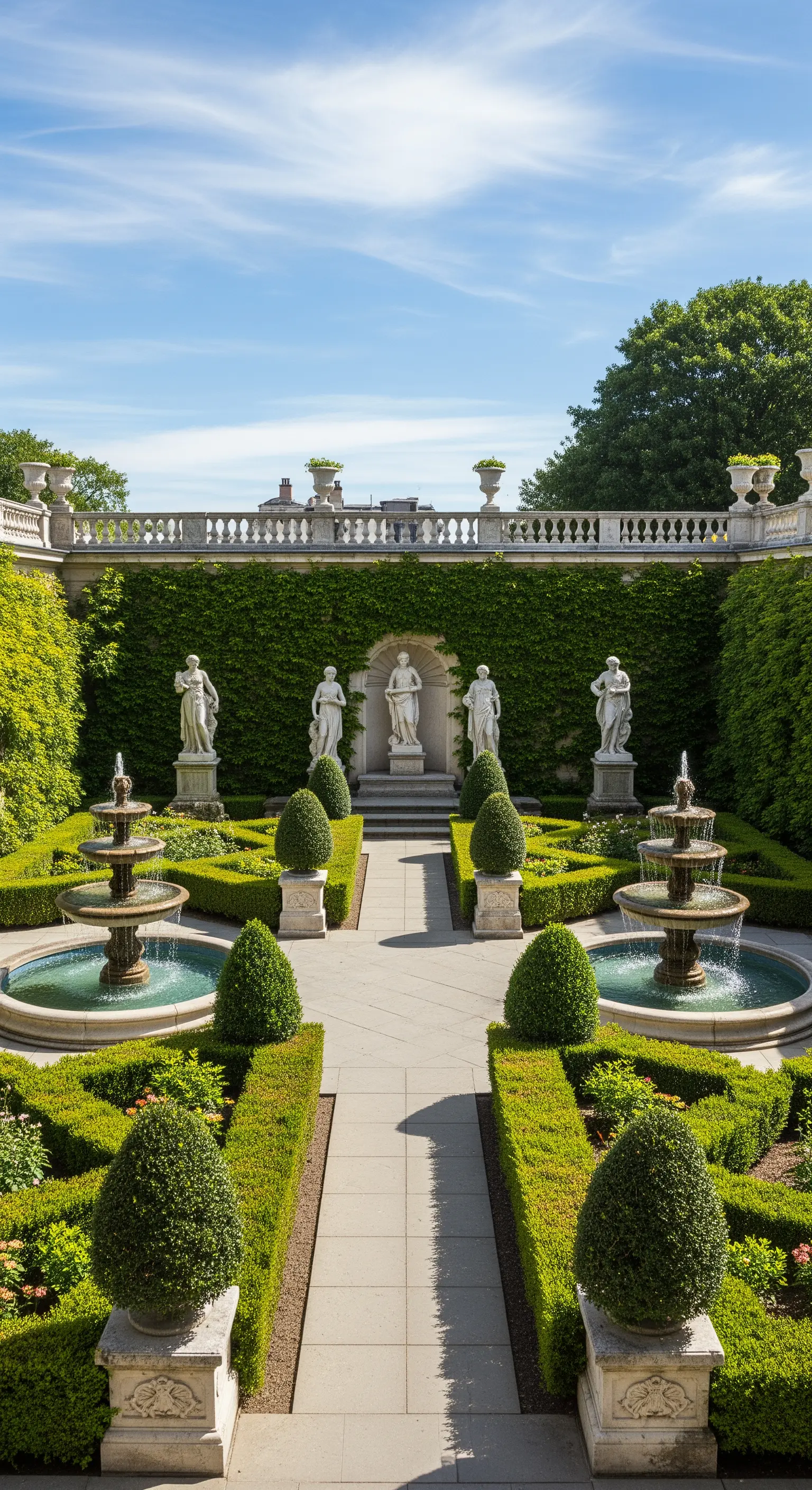 Giardino formale perfettamente simmetrico con due fontane, statue in nicchie e siepi geometriche.