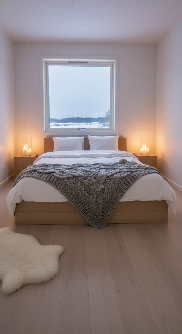 Camera da letto minimalista con letto in legno basso, coperta grigia intrecciata e candele sui comodini.