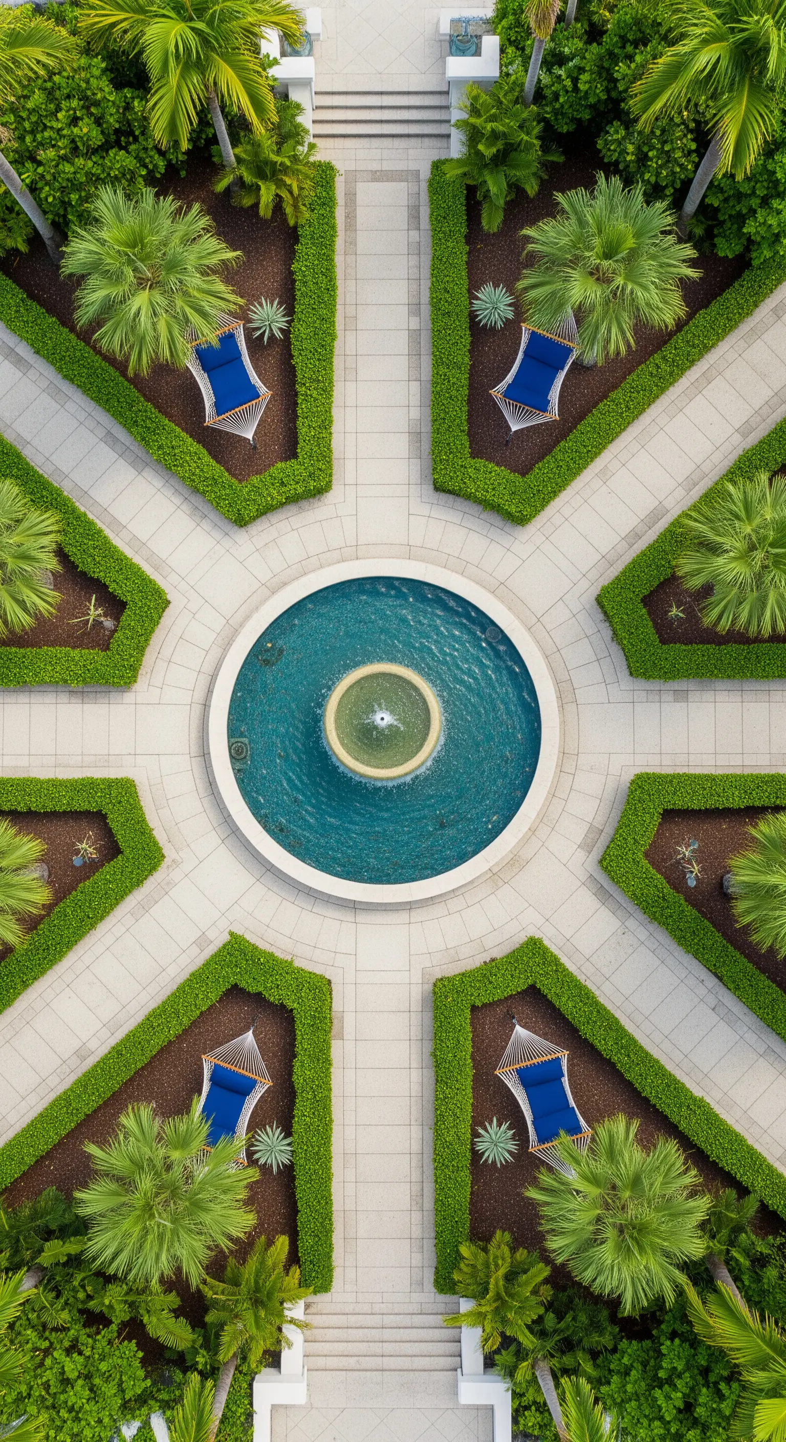 Vista aerea di un giardino formale con fontana centrale, aiuole simmetriche e amache blu