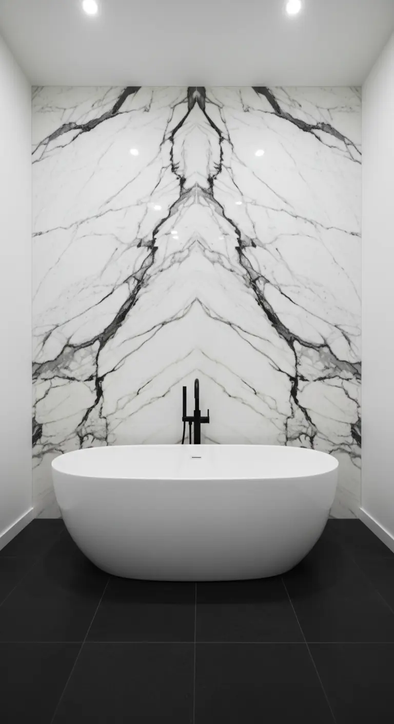 Grande lastra di marmo a macchia aperta dietro una vasca da bagno bianca.