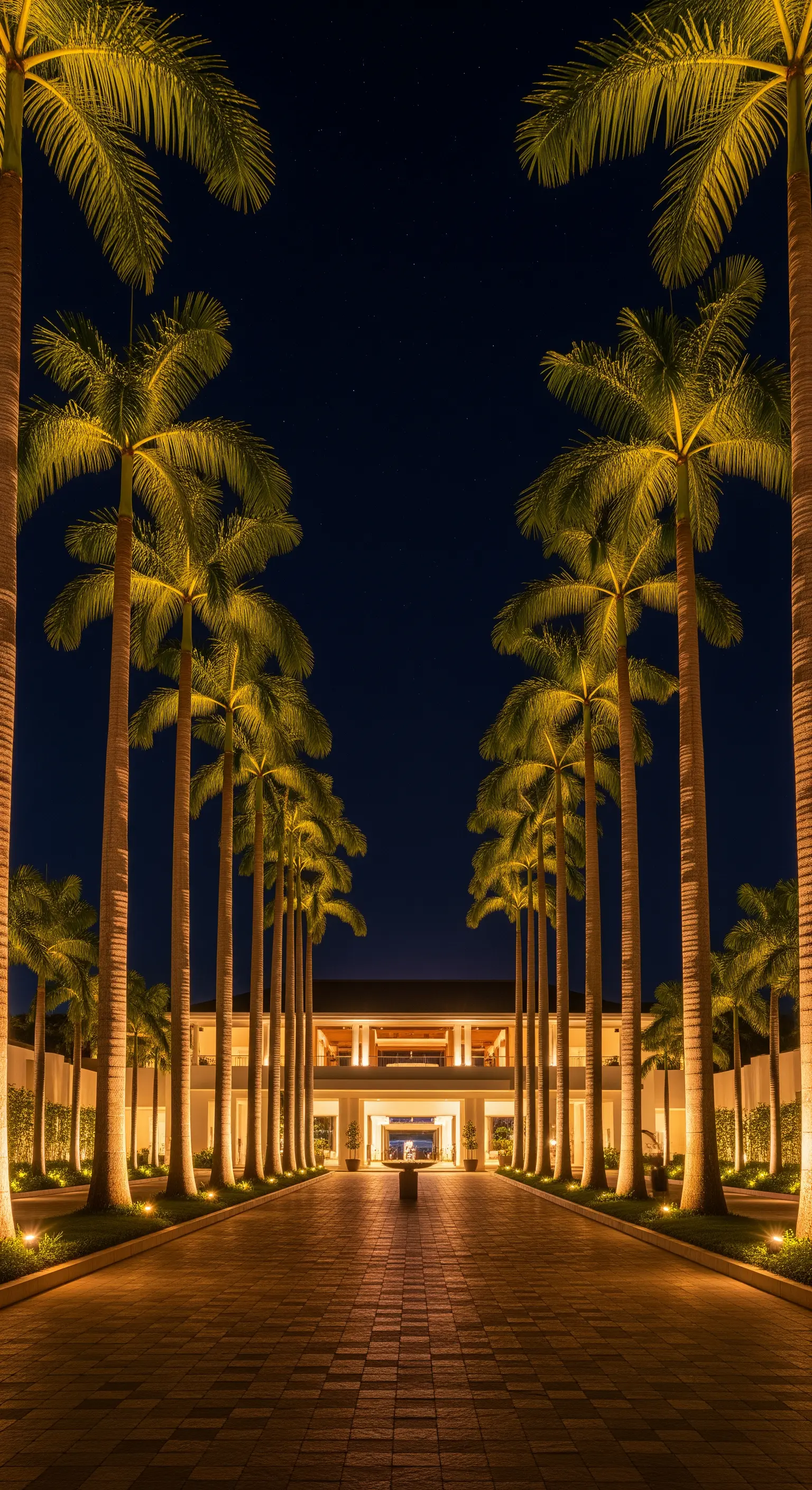 Viale d'ingresso di una villa di lusso, fiancheggiato da palme perfettamente allineate e illuminate.
