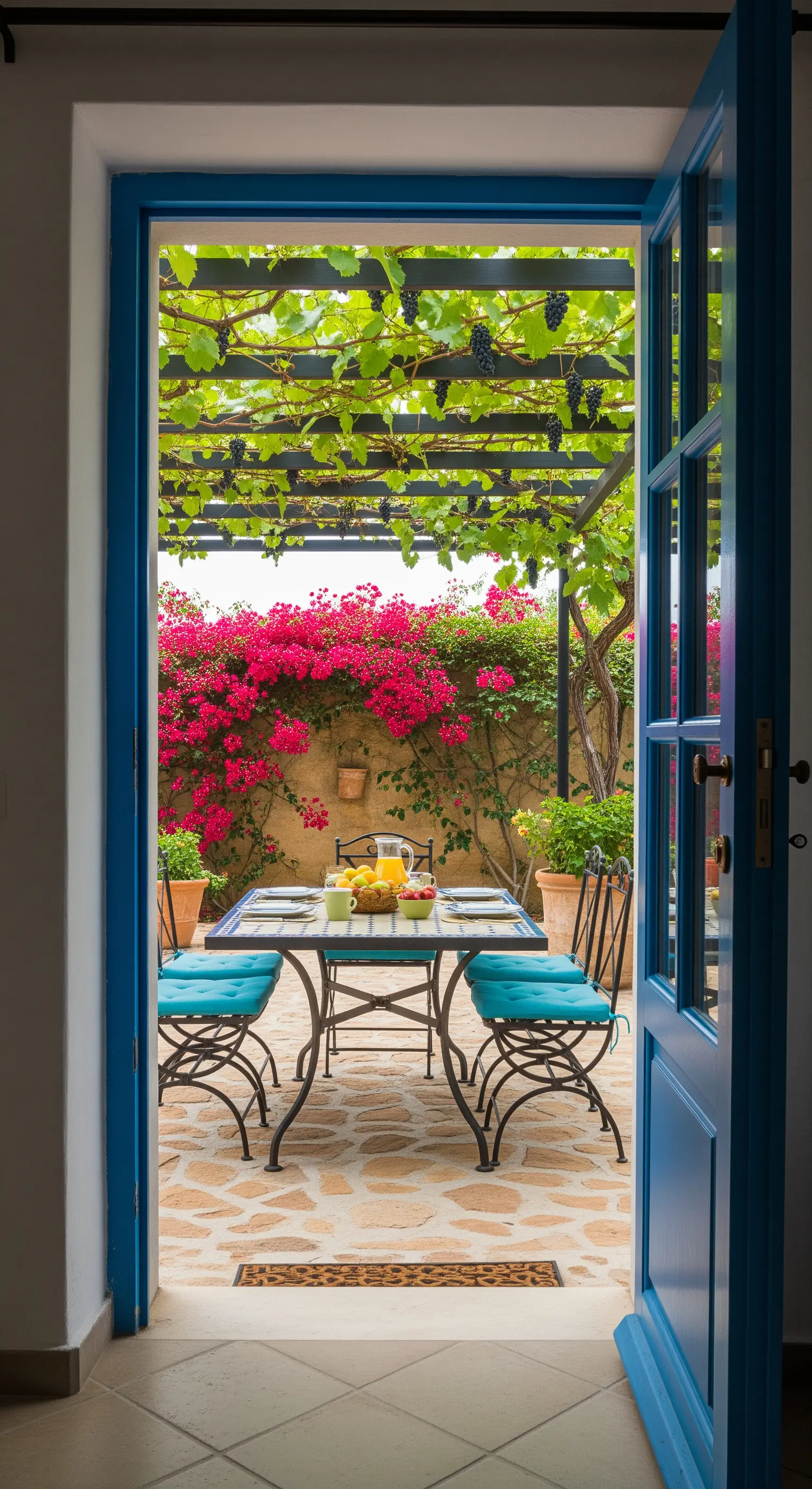 Patio mediterraneo con tavolo e bouganville visto attraverso una porta blu aperta.