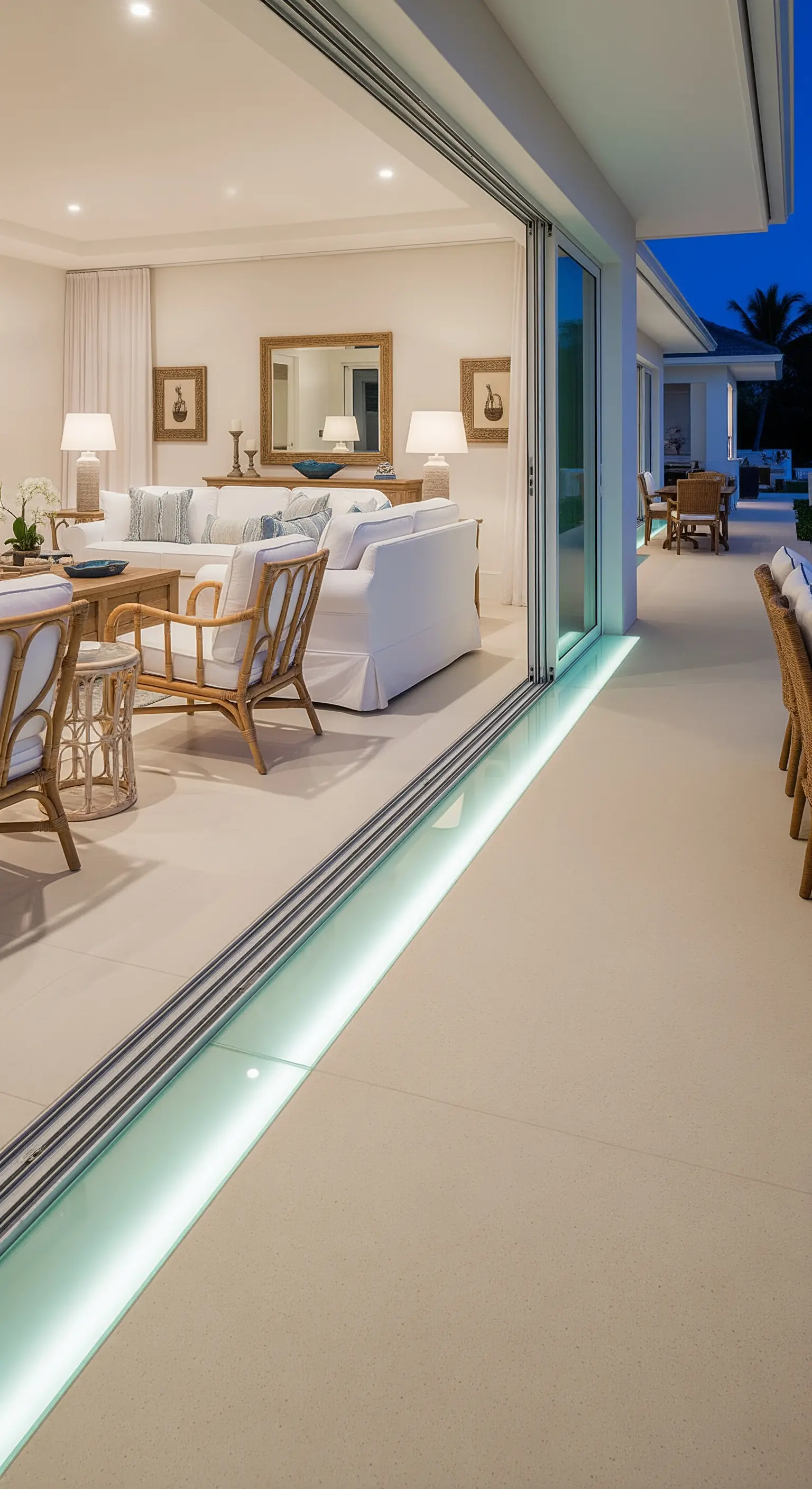 Soglia di una porta scorrevole in vetro illuminata da una striscia LED verde acqua a pavimento.