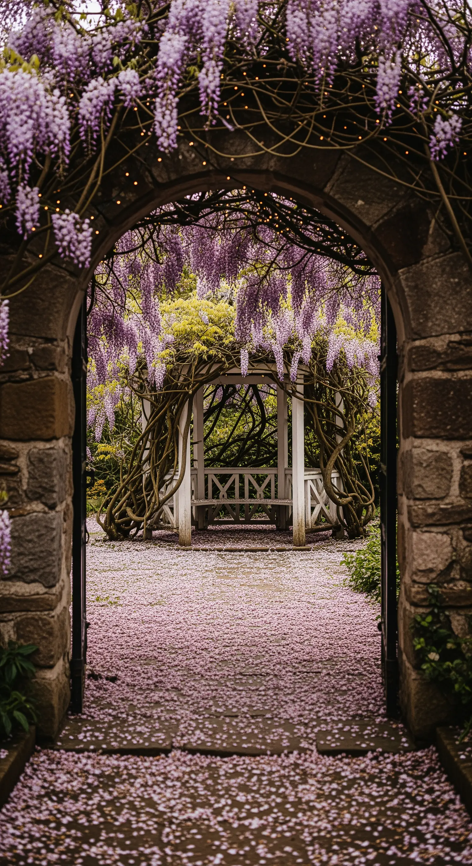 Arco in pietra coperto di glicine che conduce a un gazebo bianco nascosto.