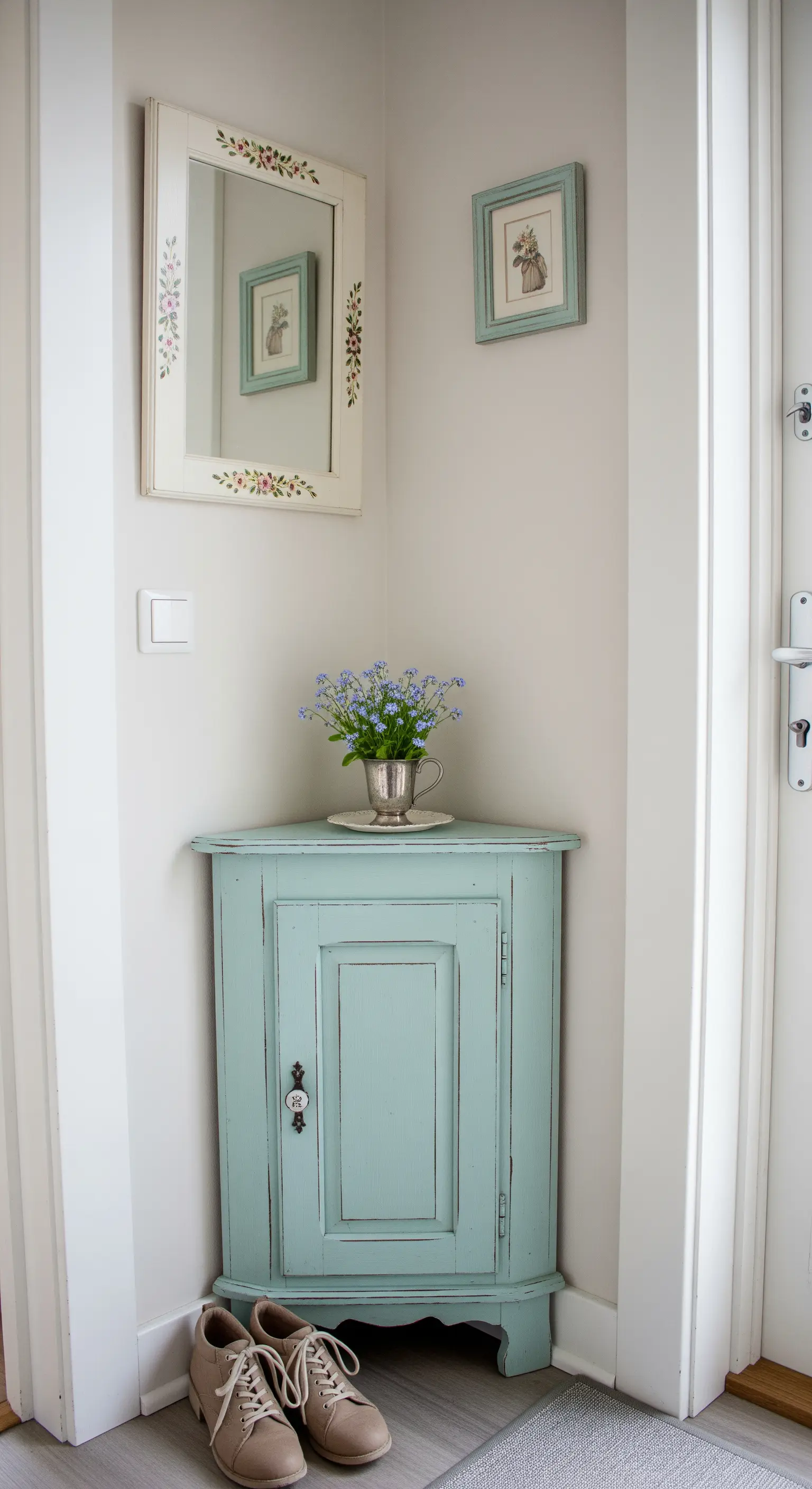 Piccolo mobile angolare color carta da zucchero in un angolo d'ingresso bianco.