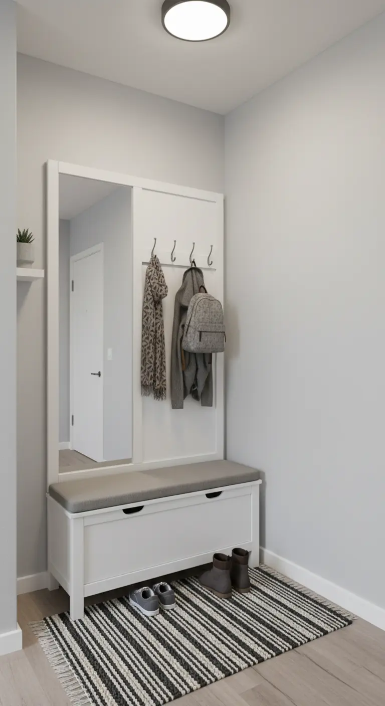 Unità bianca compatta con panca contenitore, specchio e ganci integrati.