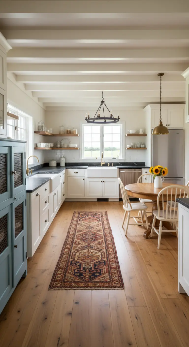 Cucina farmhouse con soffitto a travi bianche, mobili bianchi e runner persiano.