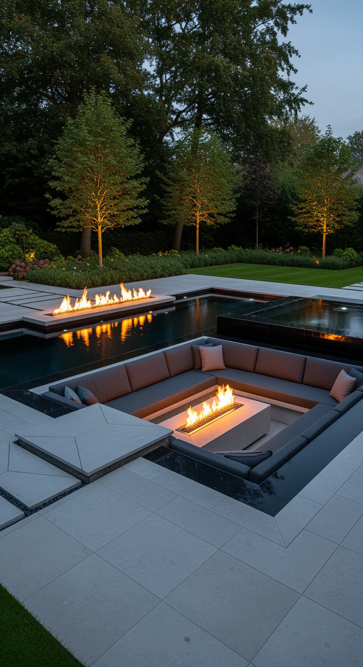 Salotto esterno incassato con braciere, circondato da una piscina con un altro braciere a filo d'acqua