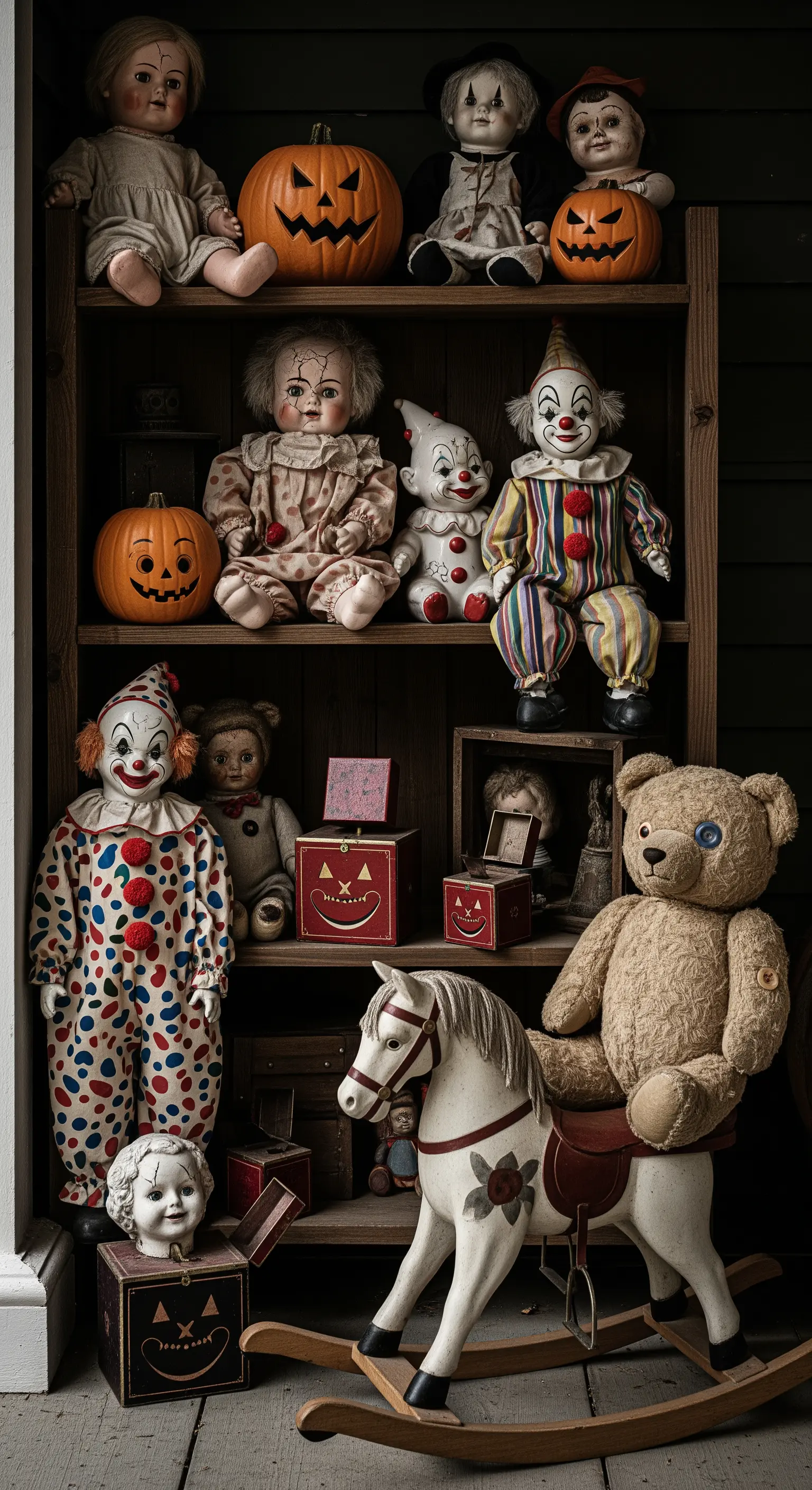 Una libreria piena di bambole e clown vintage inquietanti, allestita in un angolo del portico.