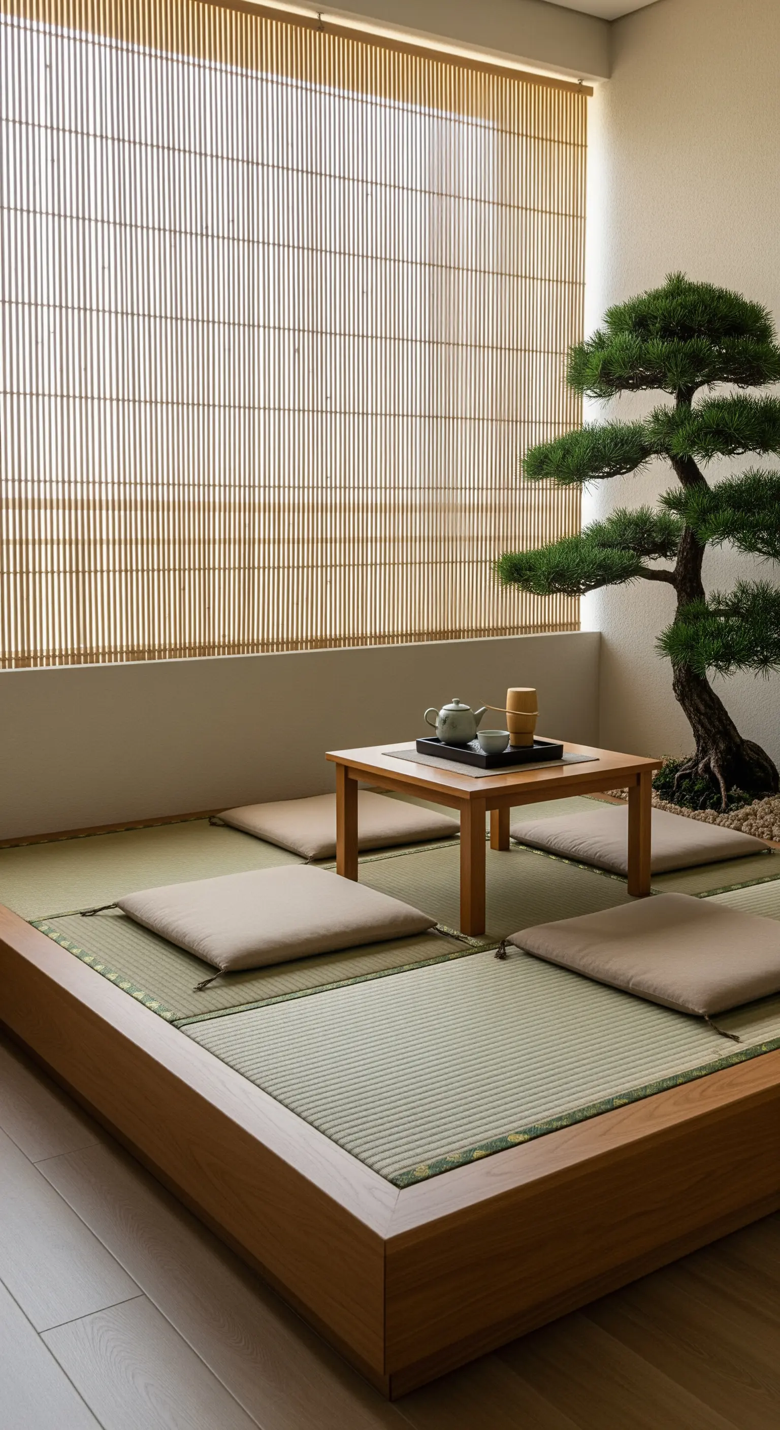 Angolo da tè giapponese su un balcone, con tatami rialzato, tavolino basso e bonsai.