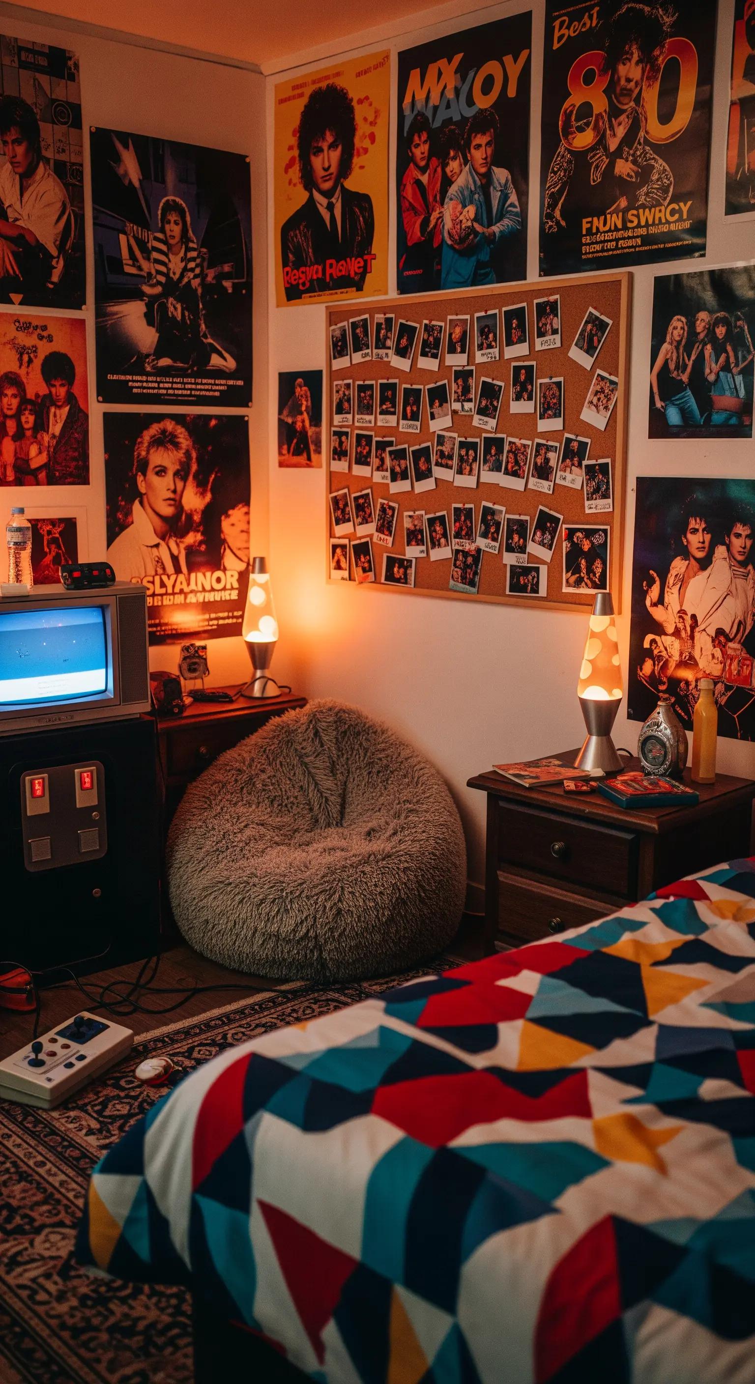 Ricostruzione di una camera da letto anni '80 con poster alle pareti, lava lamp e una bacheca.