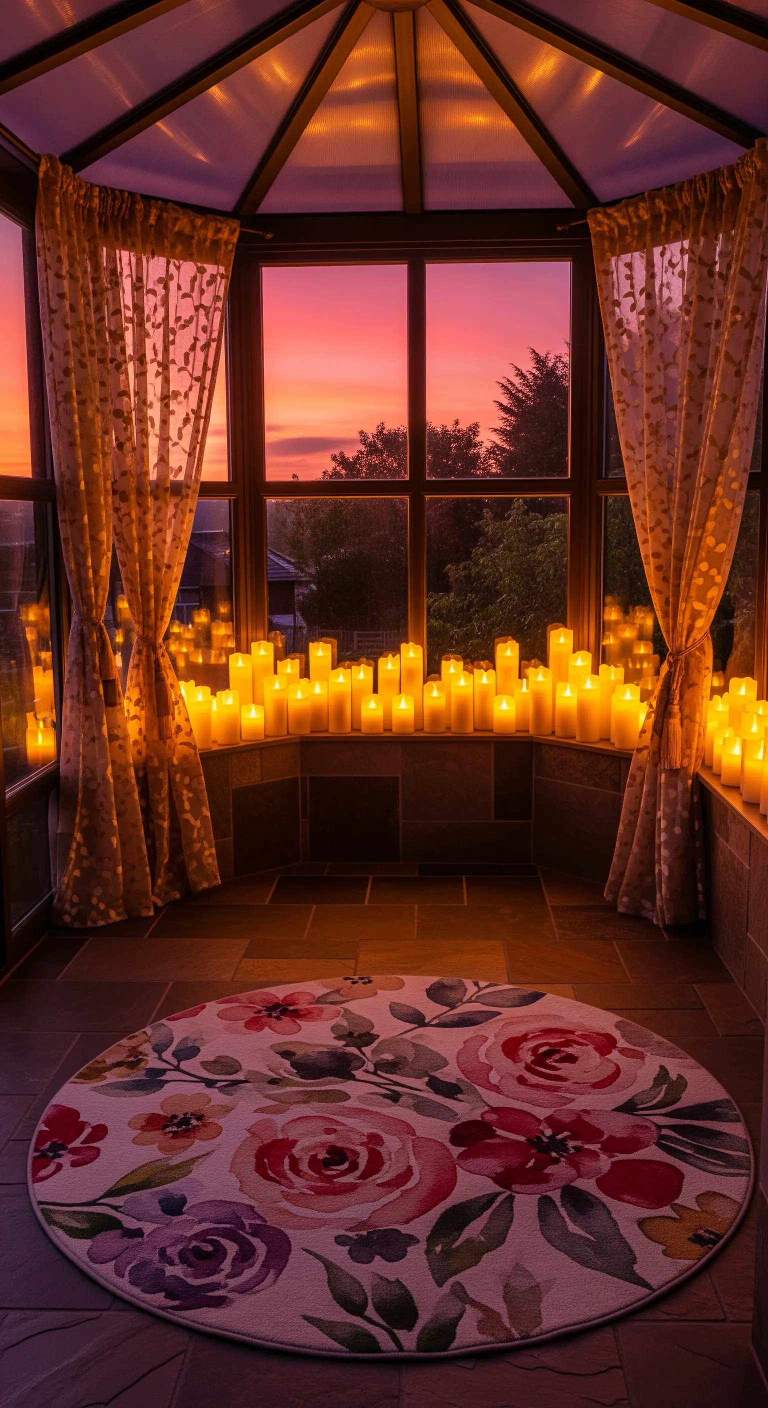 Veranda chiusa con decine di candele a LED sul davanzale che creano un'atmosfera dorata.