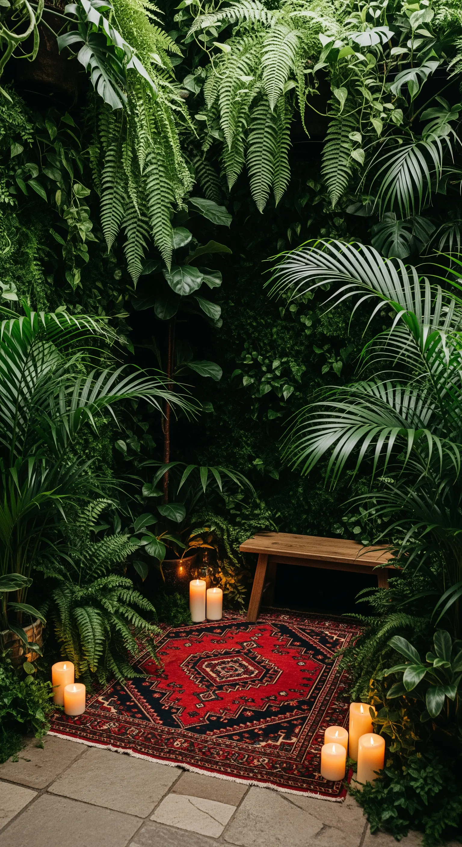 Angolo giardino lussureggiante con panca in legno, tappeto rosso e candele.