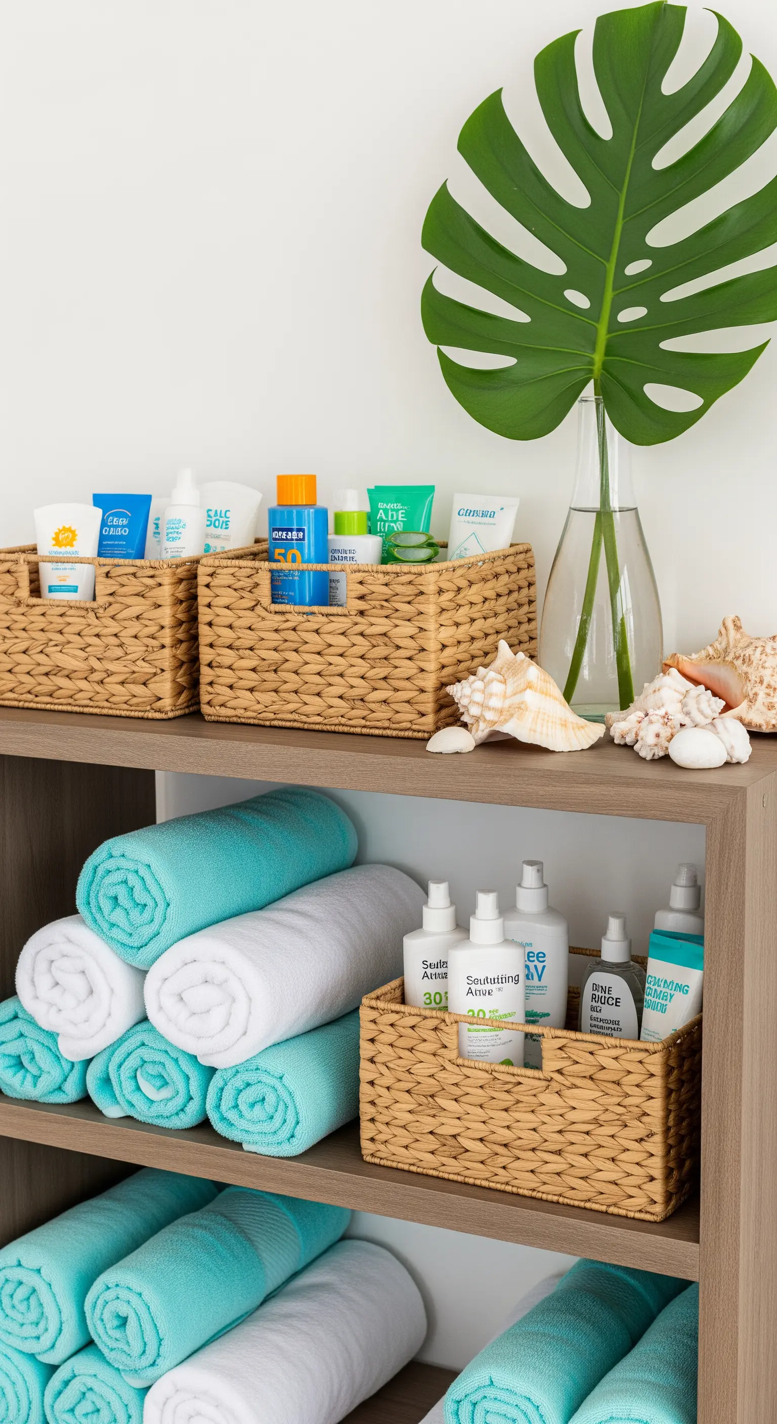 Scaffale organizzato con cesti contenenti asciugamani arrotolati, creme solari e prodotti per la cura.