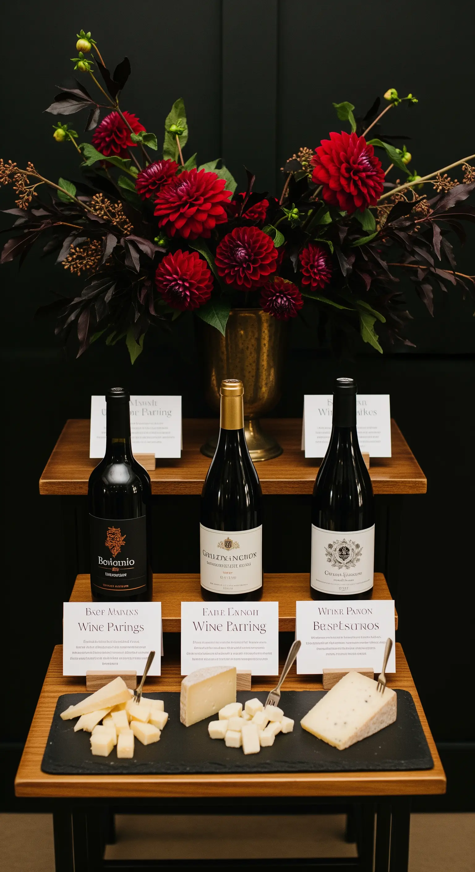 Angolo degustazione con bottiglie di vino abbinate a specifici formaggi su un'alzata in legno.