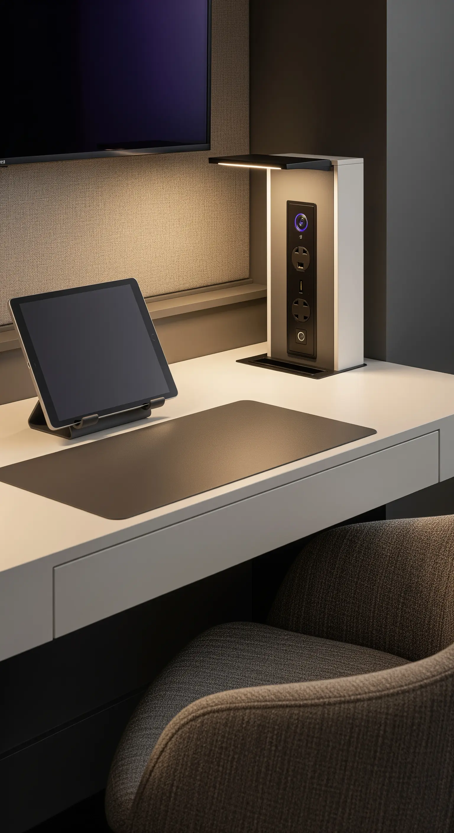 Dettaglio di una scrivania moderna con una torre di alimentazione dotata di prese e luce LED.