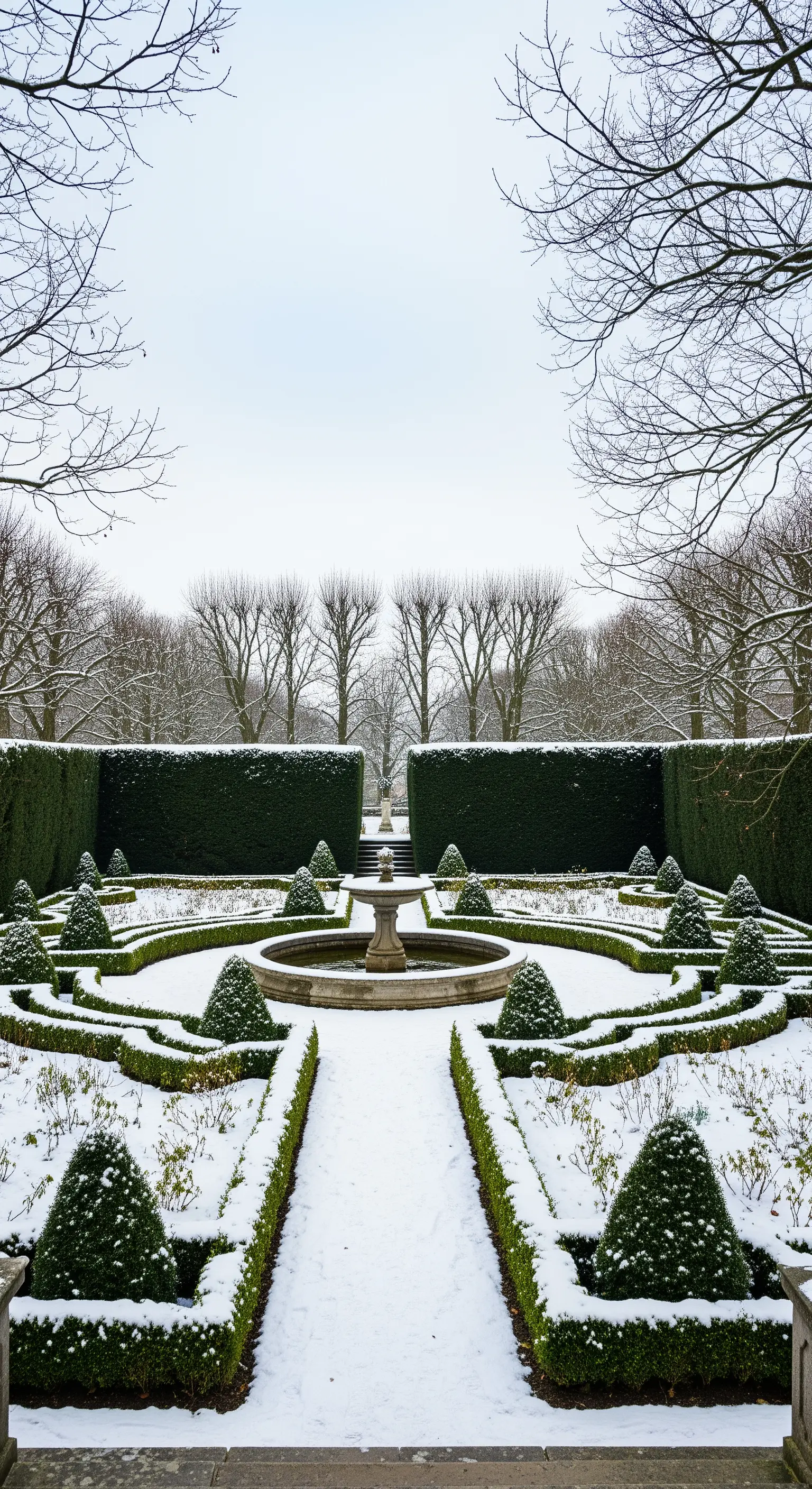 Giardino formale coperto di neve, con le siepi e la fontana centrale che definiscono la struttura.