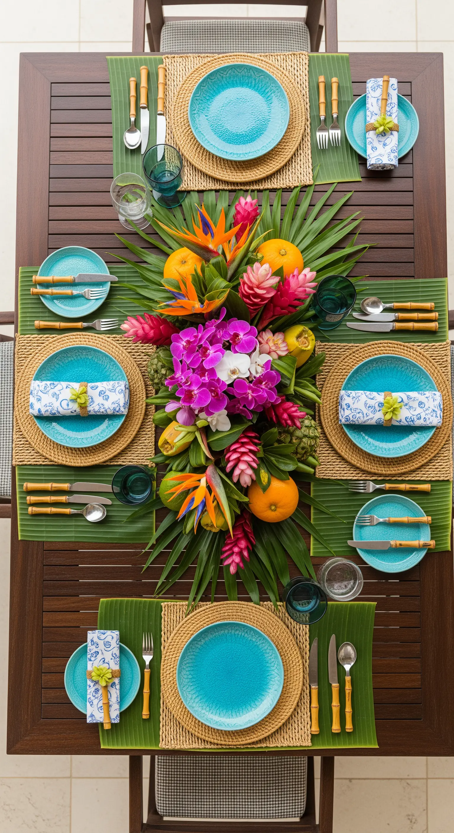 Tavola apparecchiata con tovagliette di foglie di banano, piatti turchesi e centrotavola floreale.