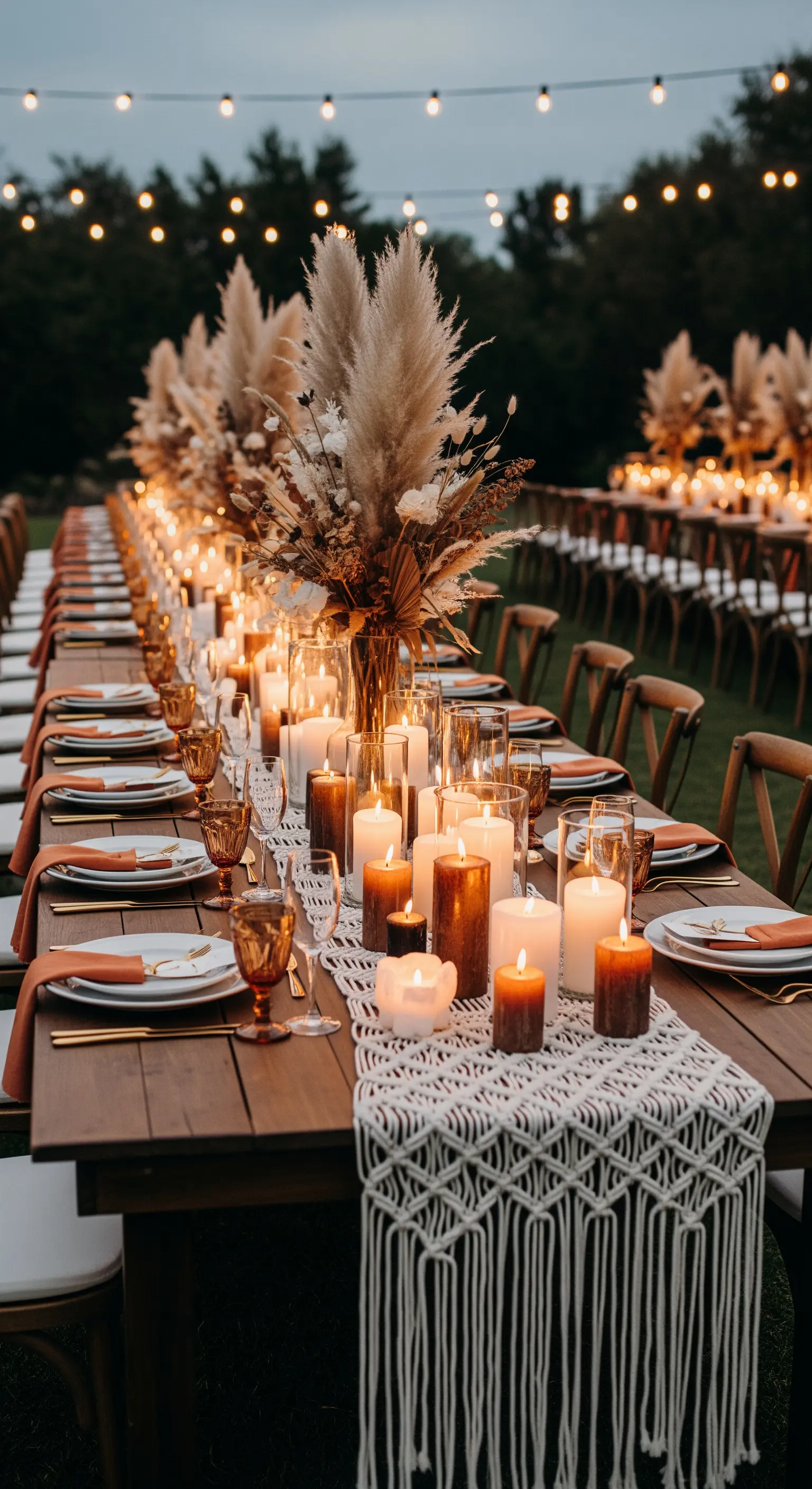 Tavola imperiale in legno con runner in macramè, pampas e decine di candele accese al tramonto.