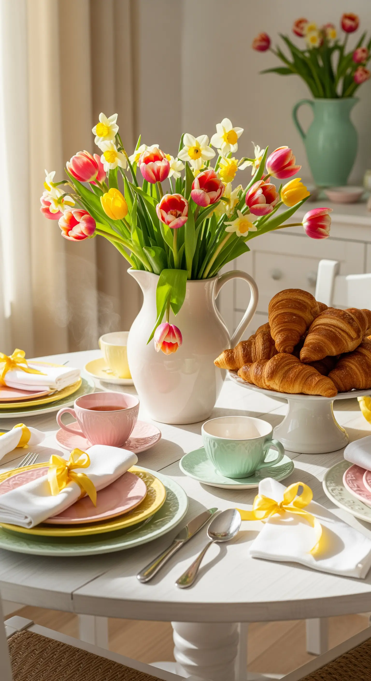 Tavola per la colazione di primavera con tulipani, croissant e tazze color pastello.
