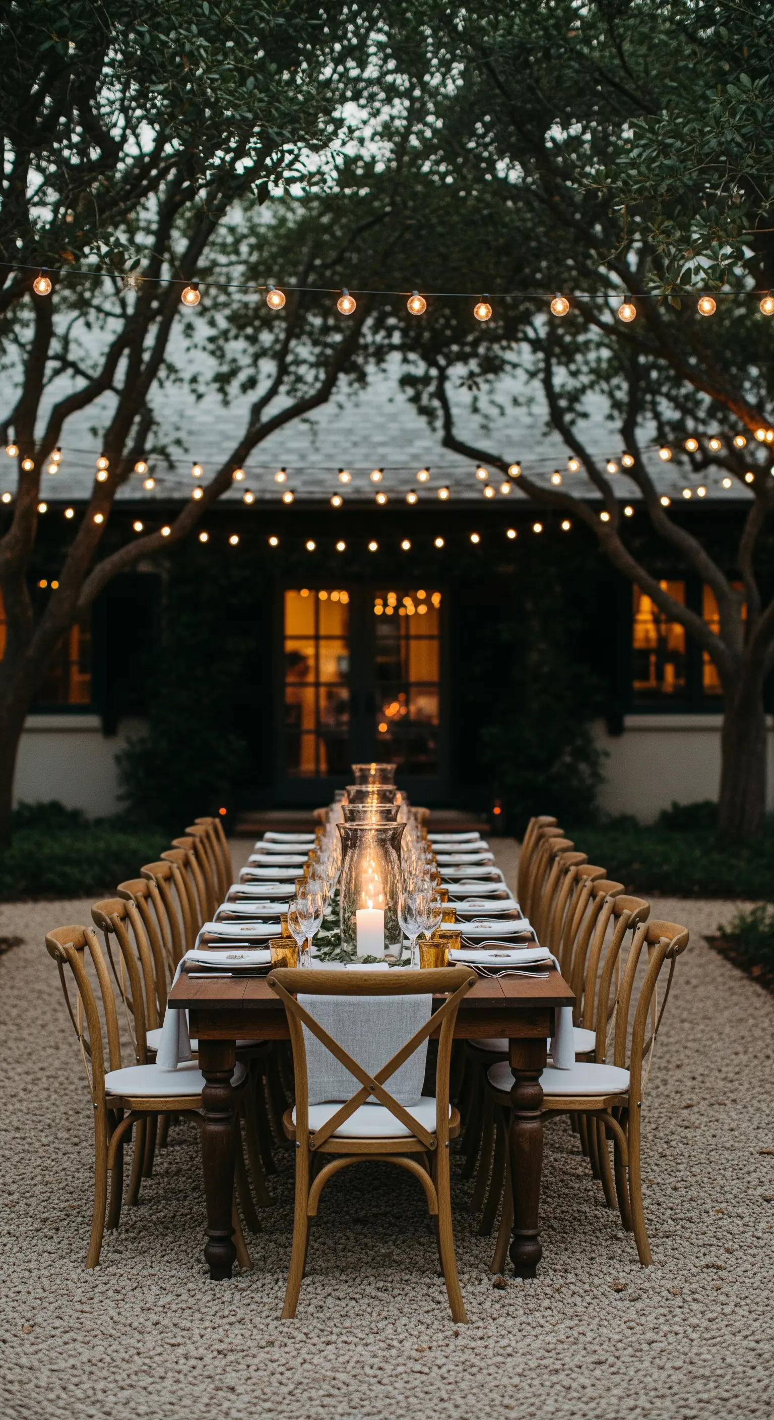 Lunga tavolata all'aperto sotto una catenaria di lampadine, con una candela al centro.