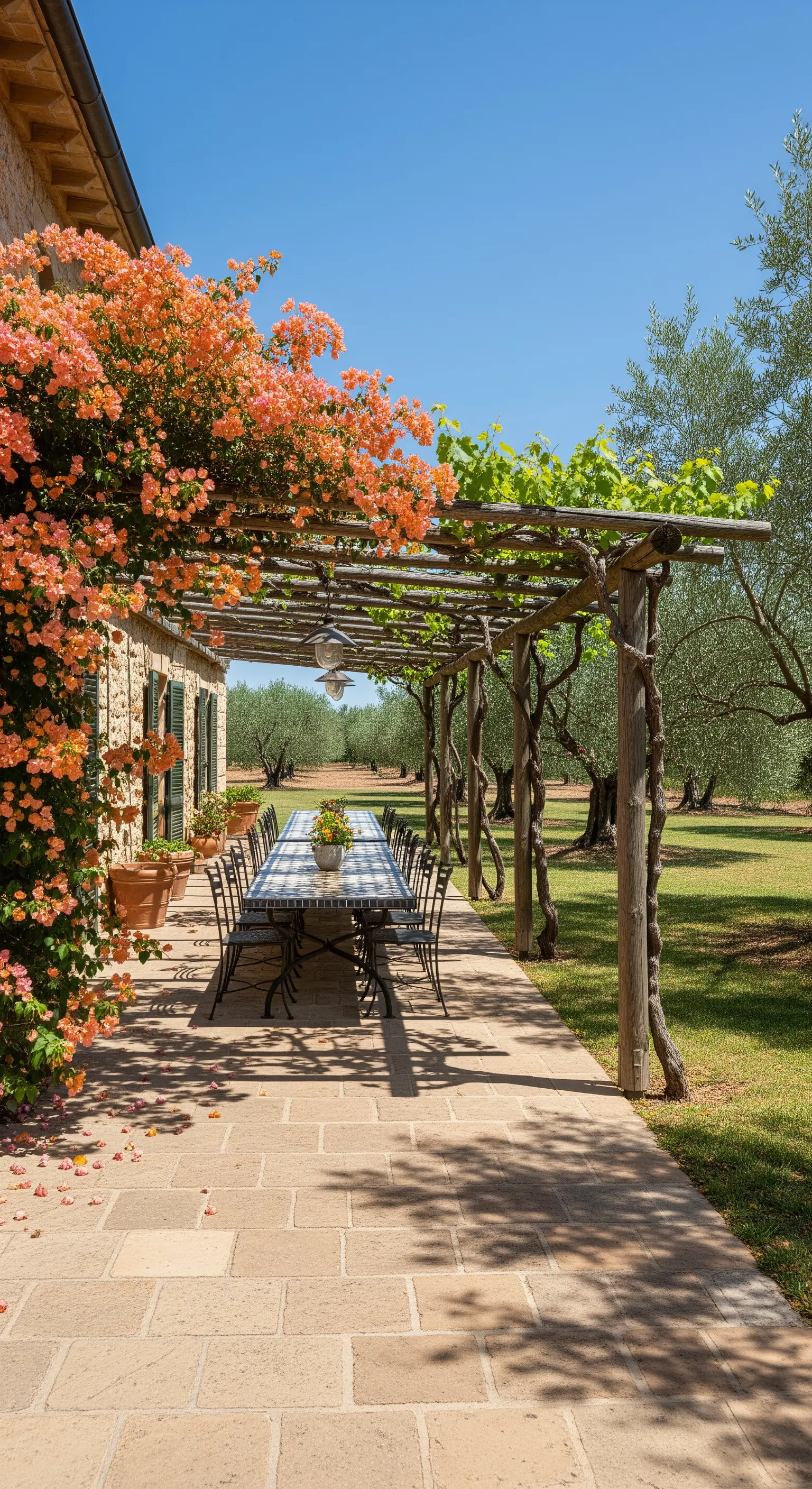 Lunga tavolata in mosaico sotto un pergolato, con vista su un uliveto.