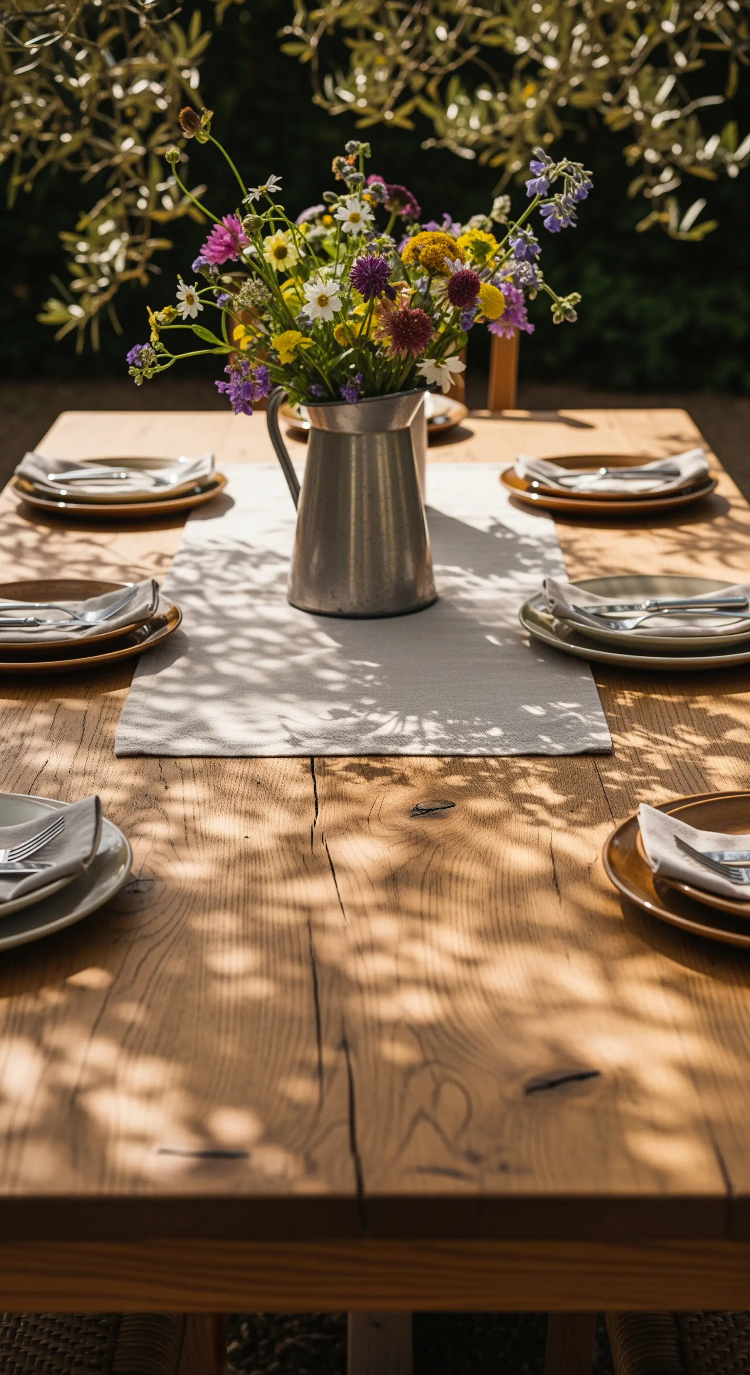 Tavolo in legno massiccio con runner in lino e fiori di campo in una brocca di metallo.