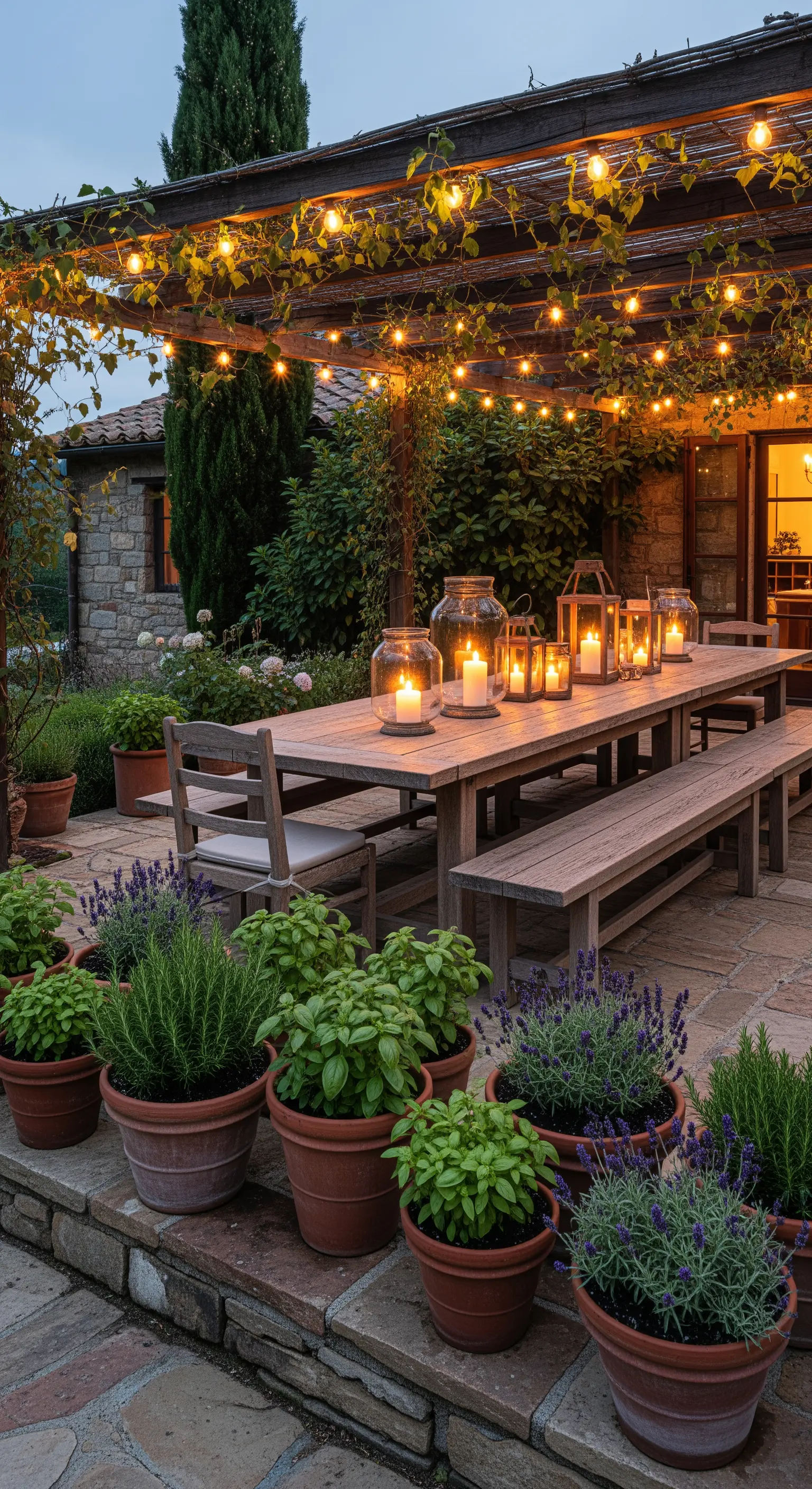 Tavolo in legno sotto un pergolato con lucine, circondato da vasi di erbe aromatiche.
