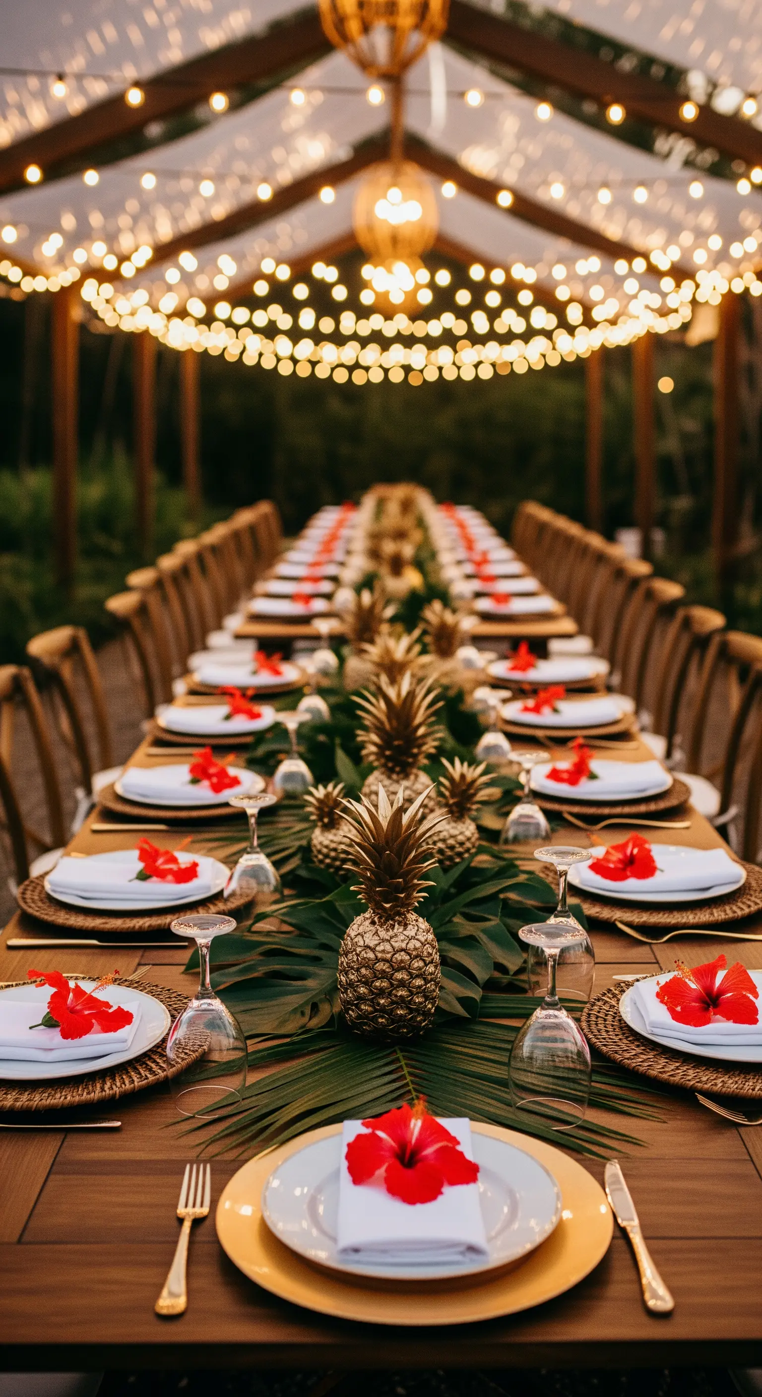Lungo tavolo da pranzo in legno allestito per una festa serale sotto un tetto di lucine.