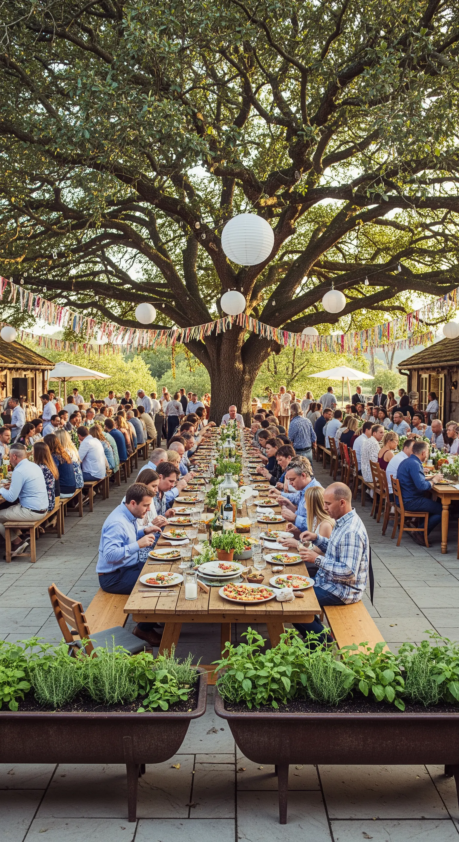 Grande cena all'aperto con una lunga tavolata e panche sotto una quercia maestosa.
