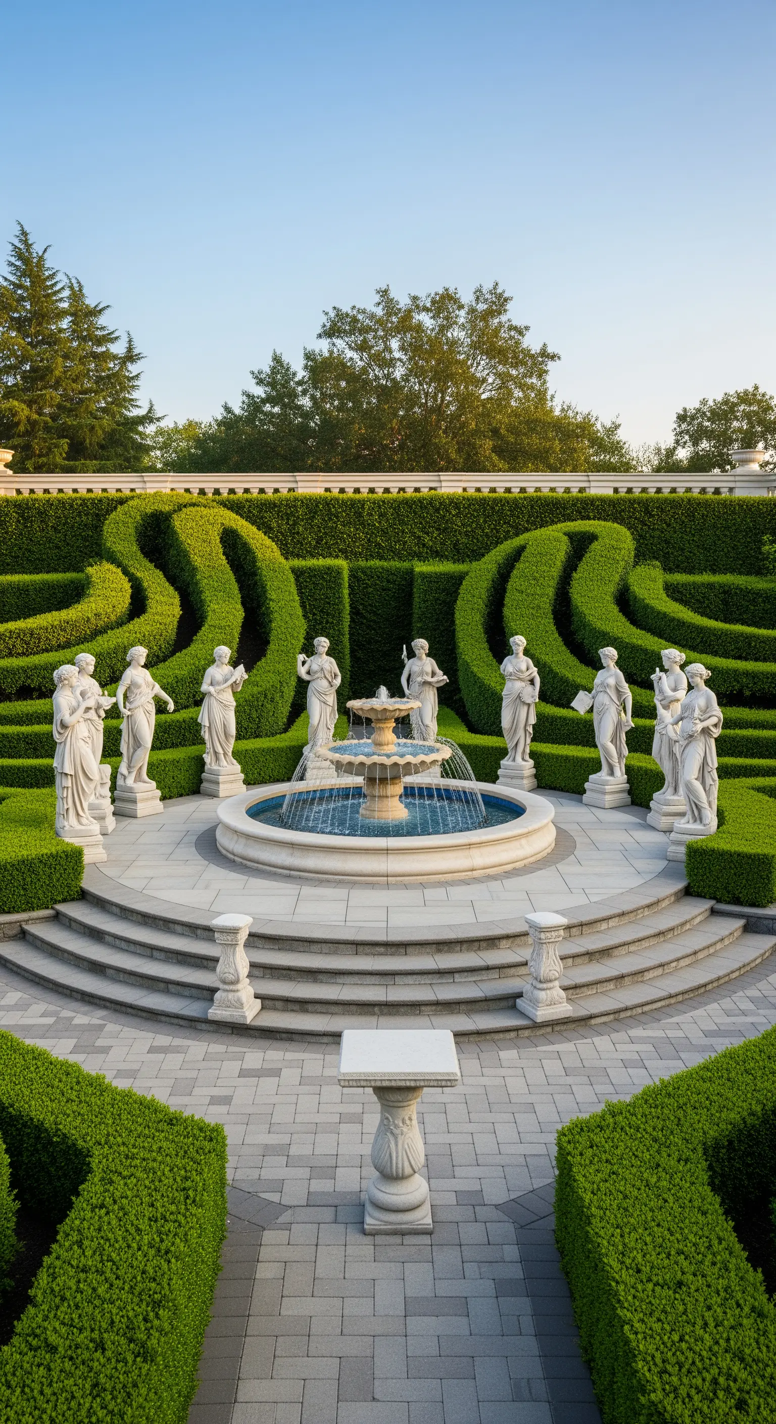 Anfiteatro verde con siepi ondulate, una fontana centrale e un cerchio di statue classiche.