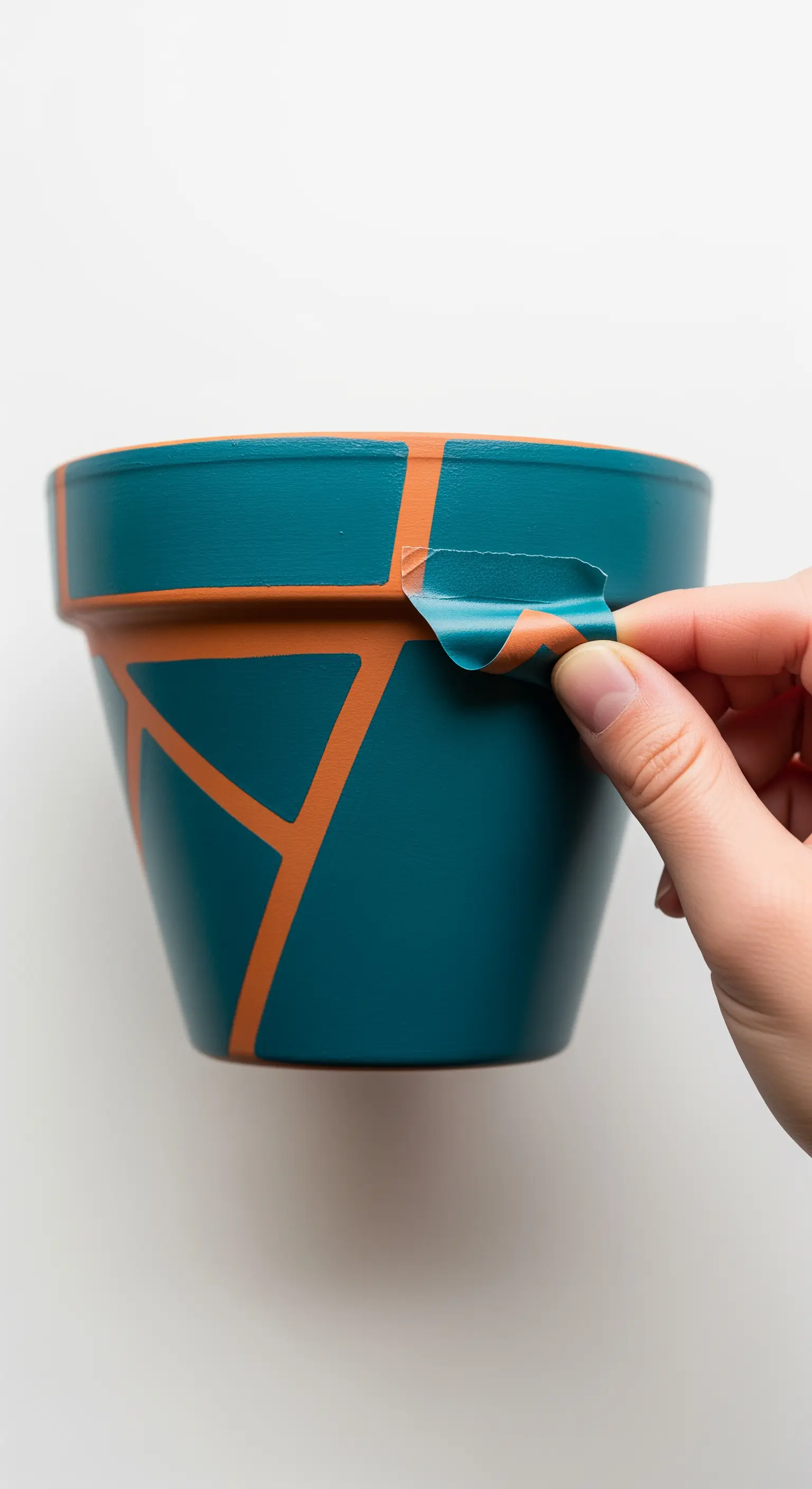 Mano che rimuove il nastro adesivo da un vaso dipinto di verde petrolio, rivelando linee color terracotta.