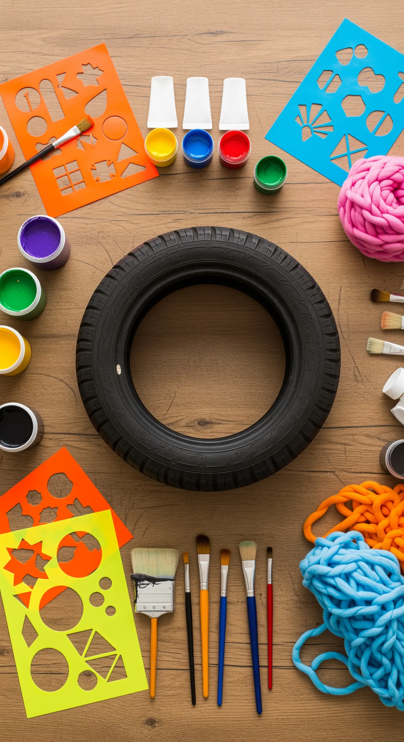 Materiali per un progetto DIY disposti attorno a un pneumatico: vernici, stencil e filati.