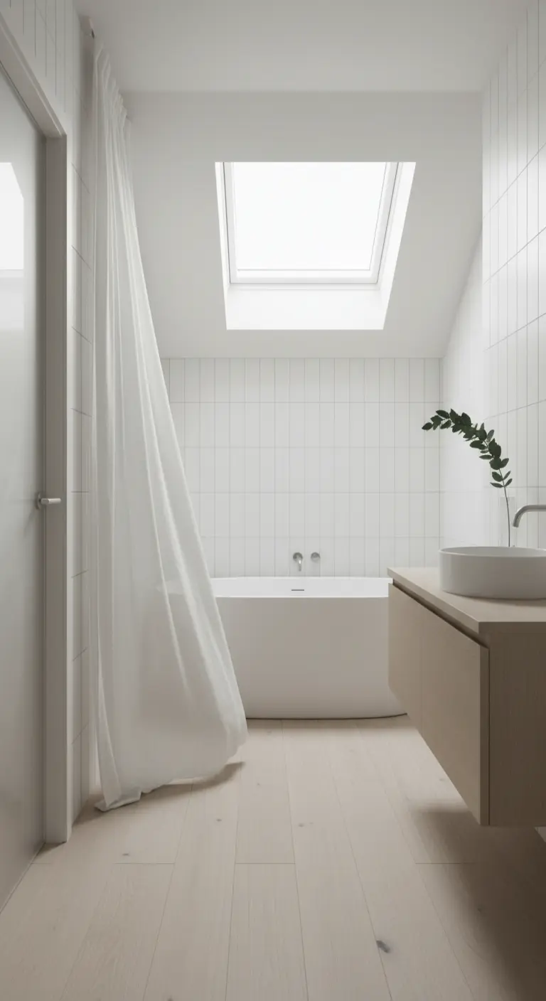 Bagno minimalista con lucernario, vasca bianca e una lunga tenda bianca che funge da divisorio.